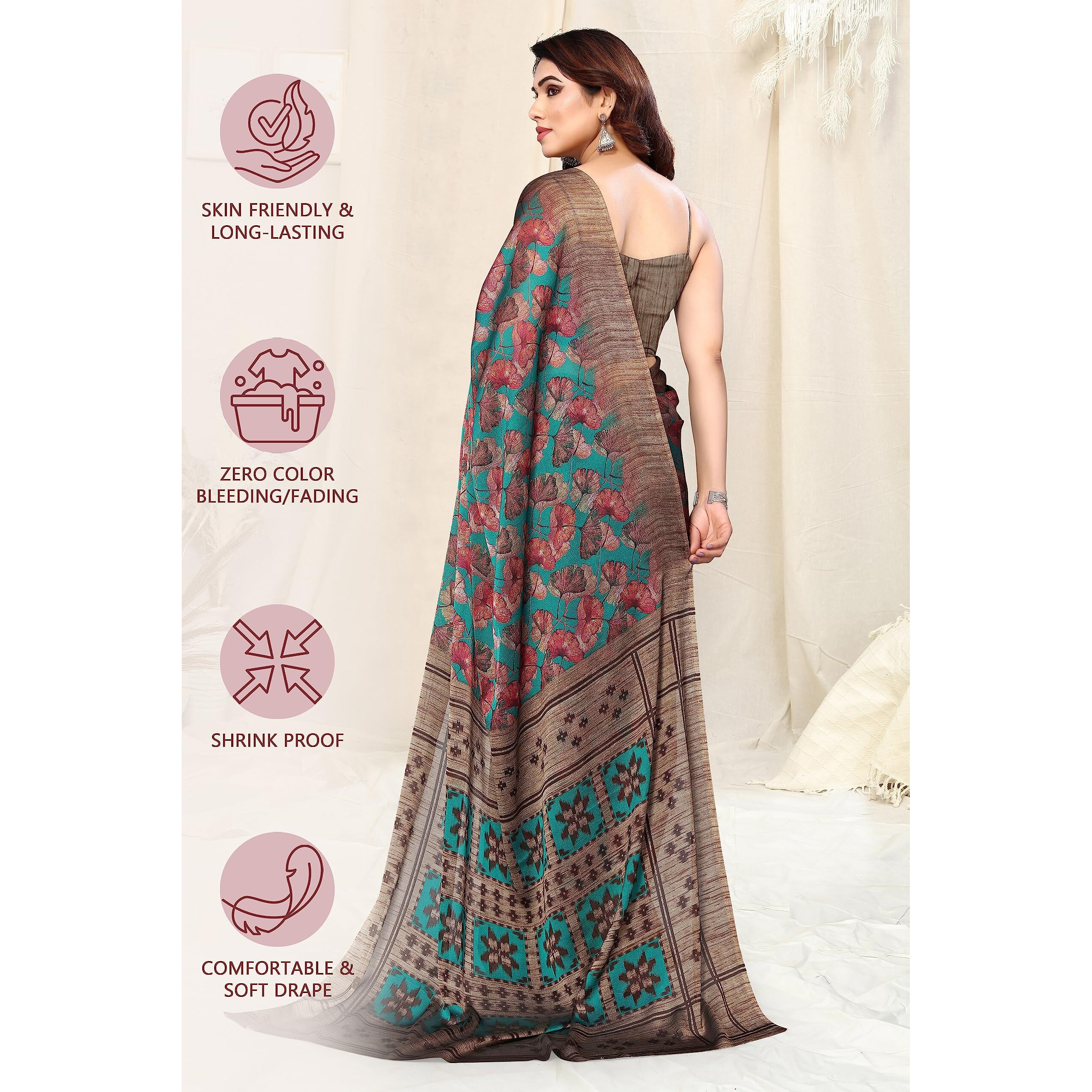MIRCHI FASHION Womens Plain Weave Chiffon Leaf Printed Saree with Blouse Piece (38671-Teal, Rust)