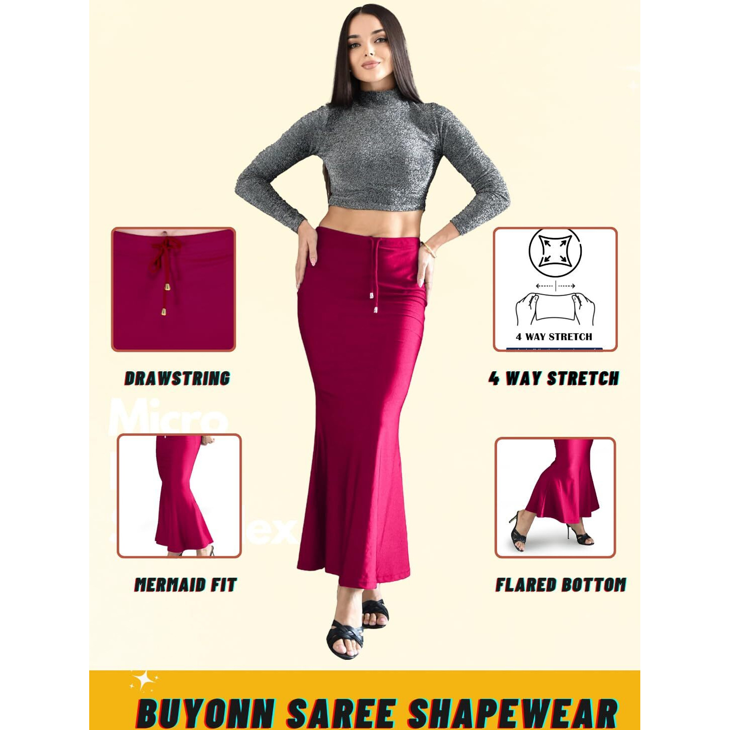 BUYONN Saree Shapewear for Women Saree Petticoat Shapewear for Saree, inskirt for Saree Shapewear, Peticote innerwear for Women Lycra Saree Shaper for saree (Medium Pink-Fish cut)