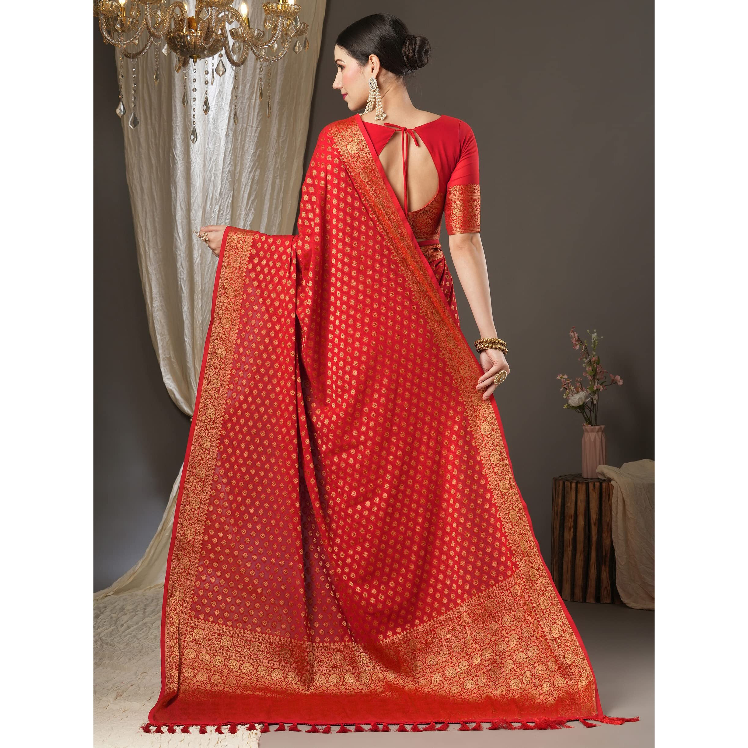 AKHILAM Womens Woven Design Georgette Kanjeevaram Saree With Unstitched Blouse Piece (Red_2ALEKHA2001)