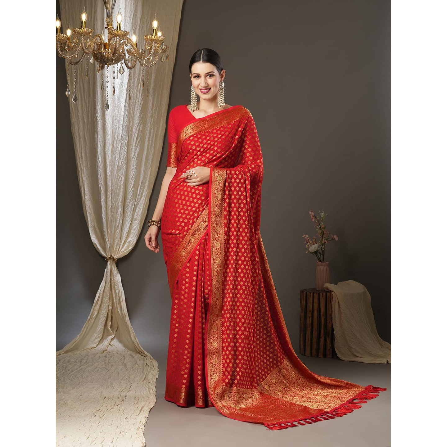 AKHILAM Womens Woven Design Georgette Kanjeevaram Saree With Unstitched Blouse Piece (Red_2ALEKHA2001)