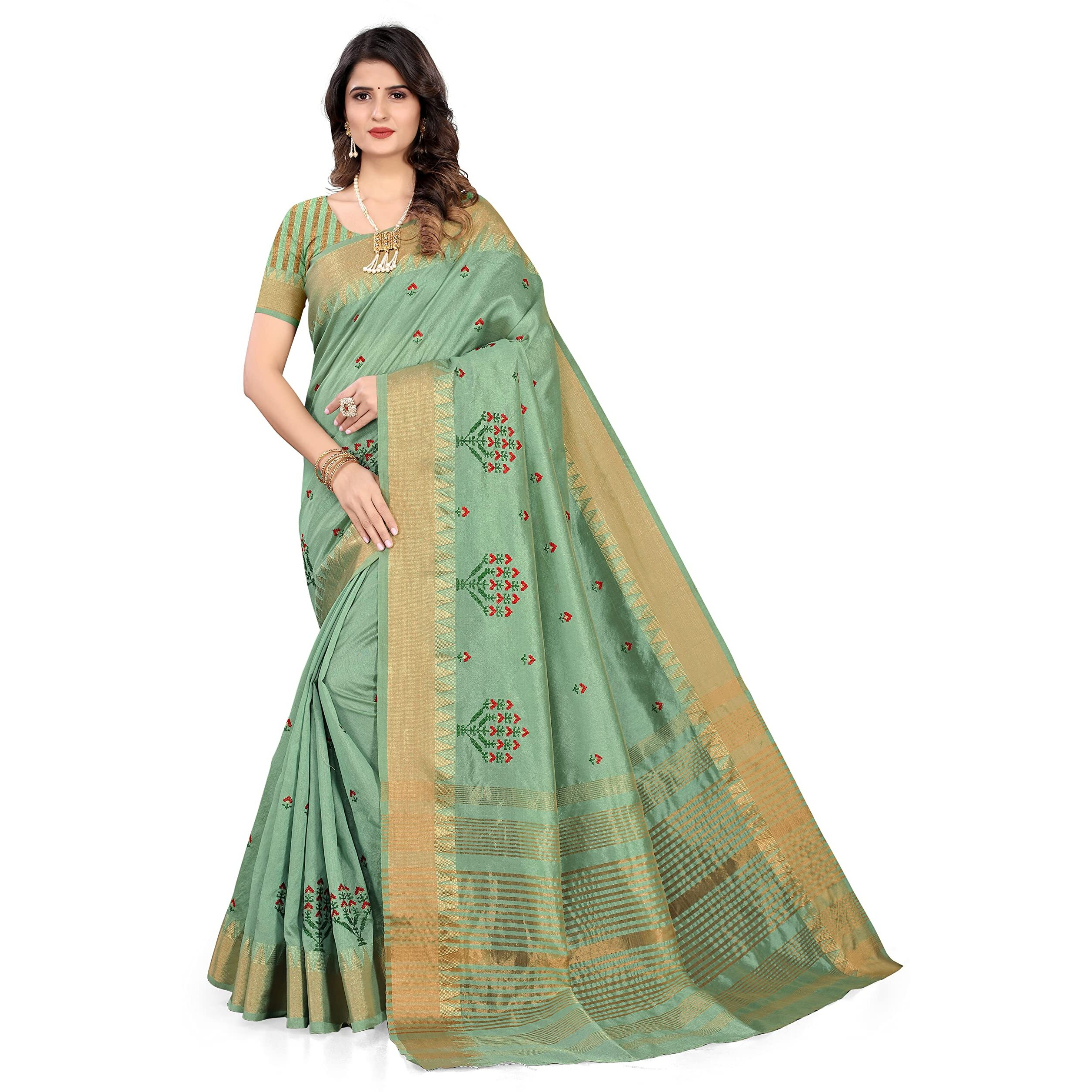 SERONA FABRICS Womens Assam Cotton Silk With Golden Border Thread Embroidery Saree With Blouse Piece