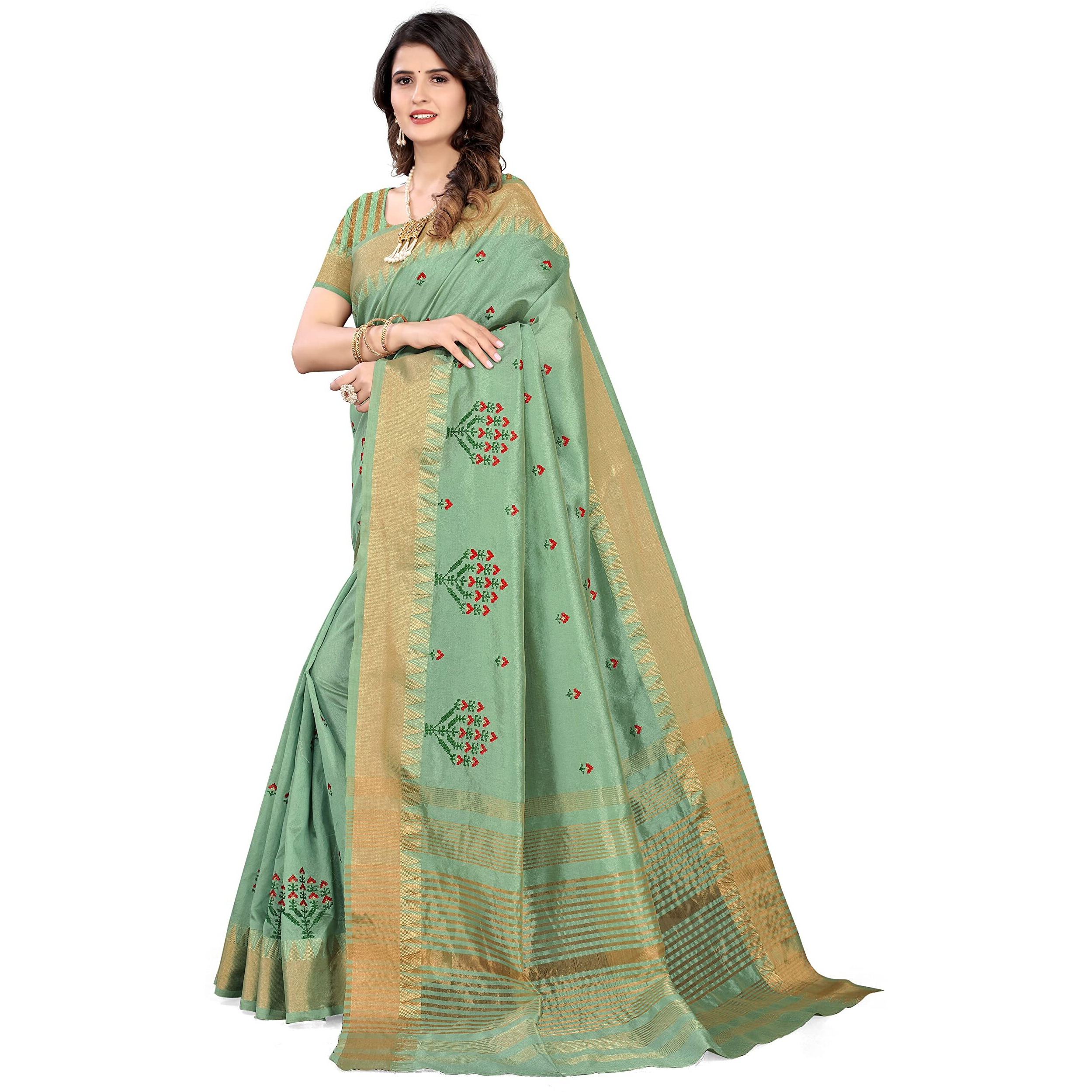 SERONA FABRICS Womens Assam Cotton Silk With Golden Border Thread Embroidery Saree With Blouse Piece