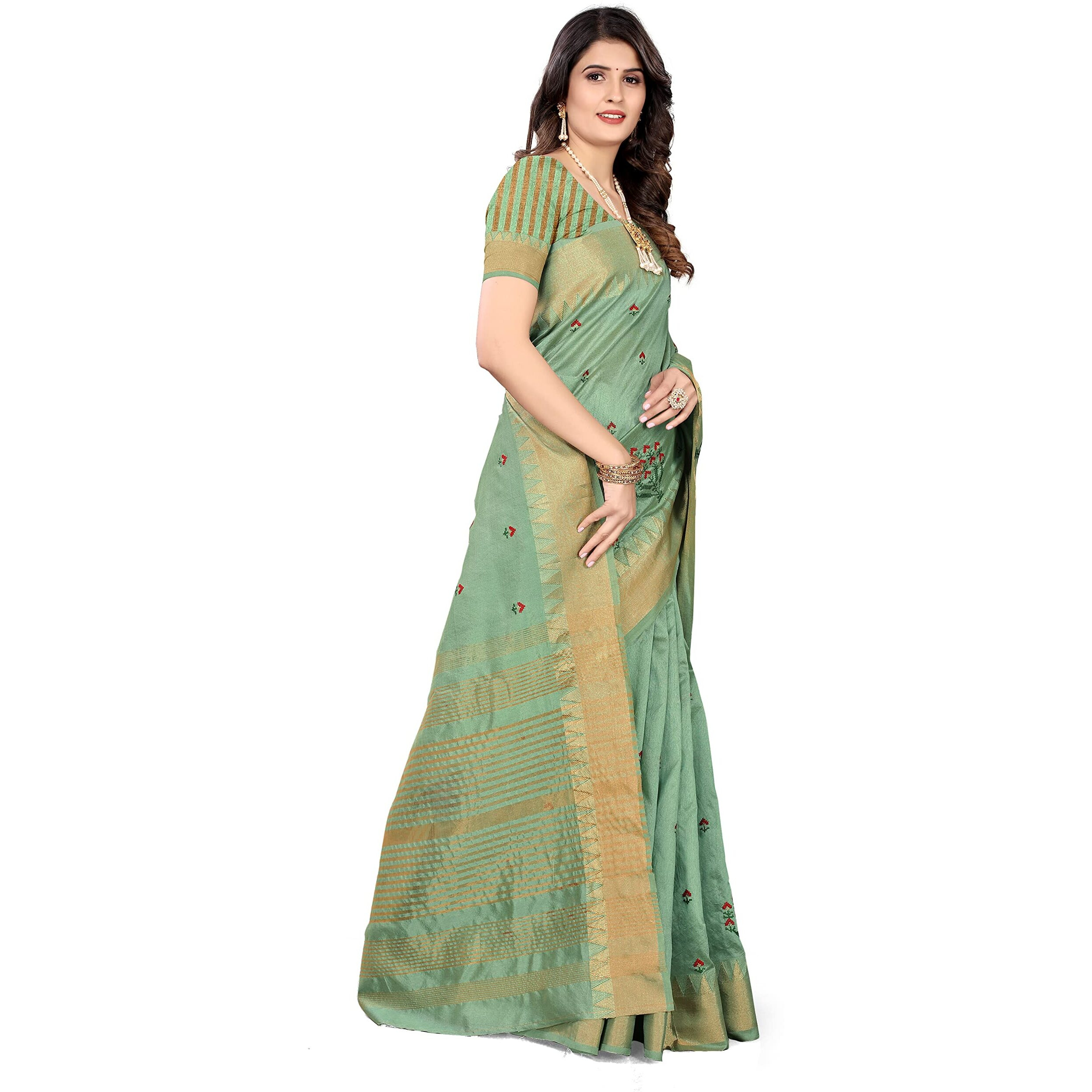 SERONA FABRICS Womens Assam Cotton Silk With Golden Border Thread Embroidery Saree With Blouse Piece