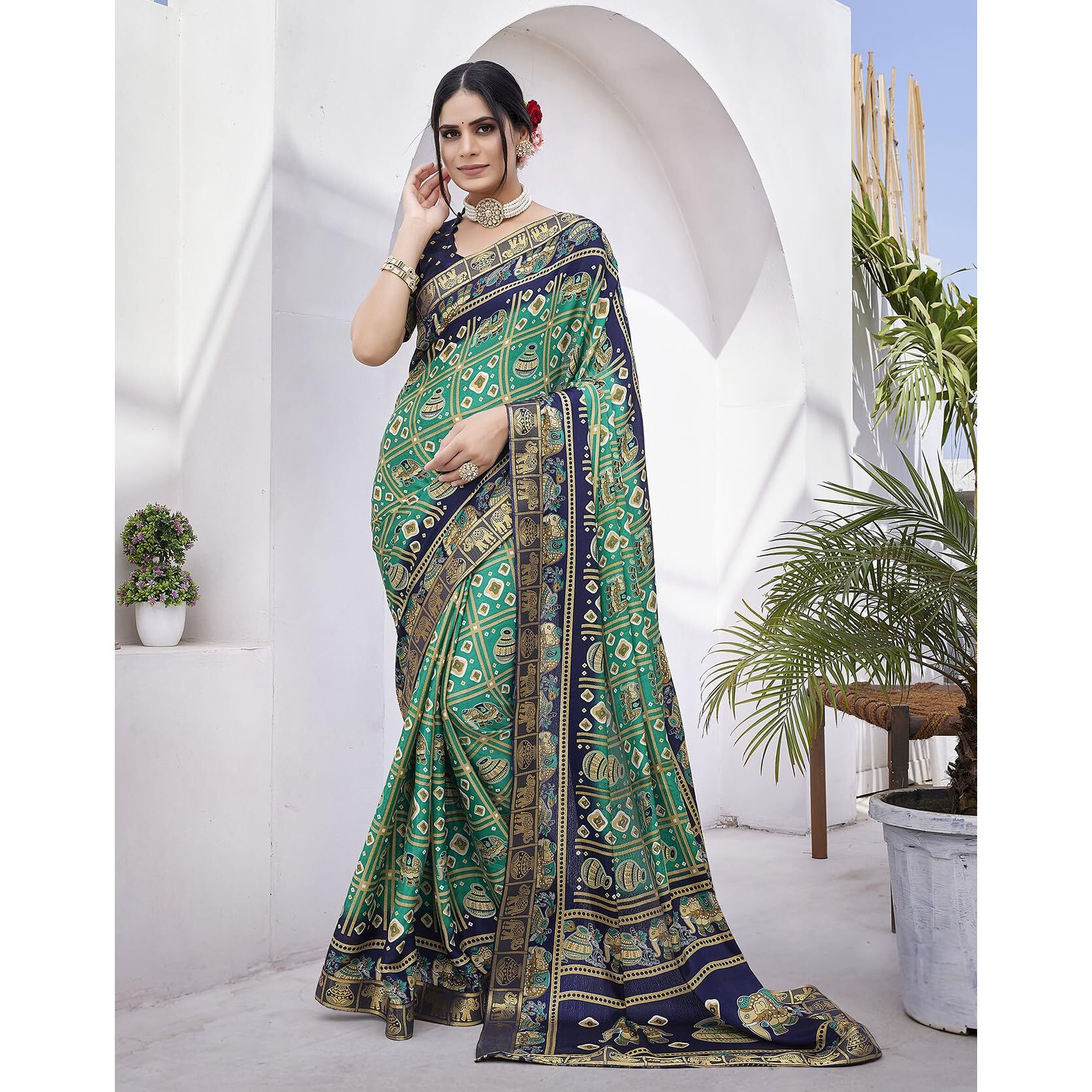 Yashika Womens Magludi Silk Saree Printed Saree With Unstitched Blouse Material - Suitable For All Indian Occasions and Festivals (AZ-YS-OG-RASIYA RAMA NAVY)