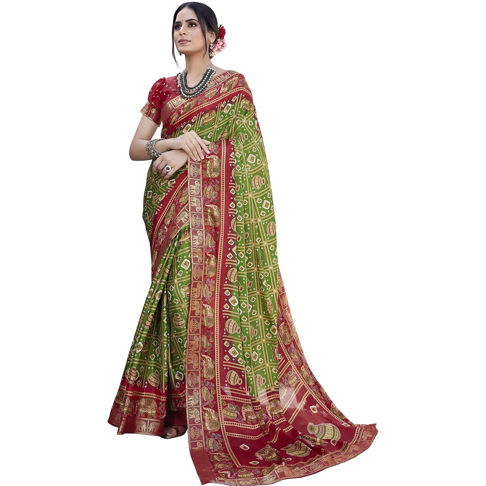 Yashika Womens Magludi Silk Saree Printed Saree With Unstitched Blouse Material - Suitable For All Indian Occasions and Festivals (AZ-YS-OG-RASIYA MAHENDI RED)