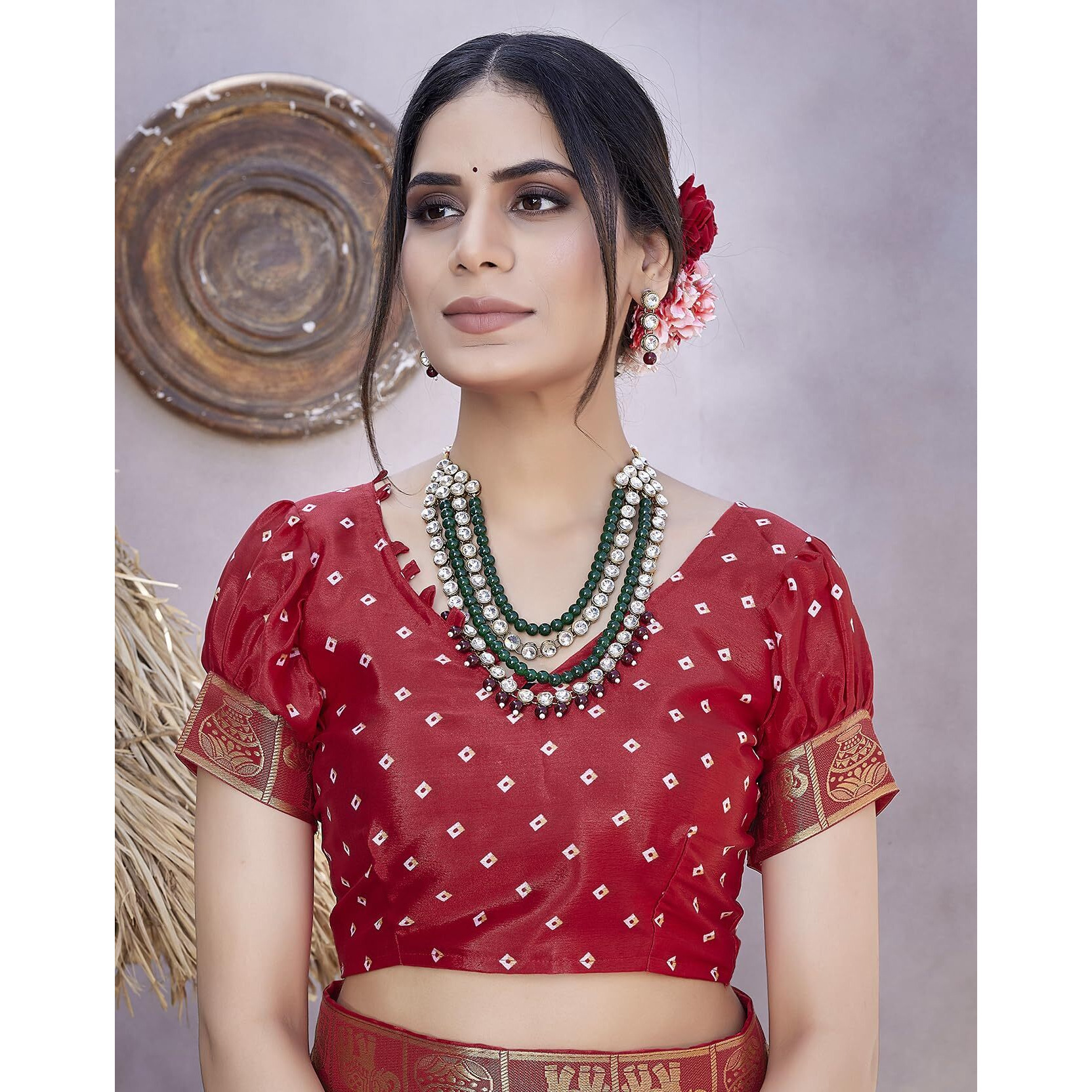 Yashika Womens Magludi Silk Saree Printed Saree With Unstitched Blouse Material - Suitable For All Indian Occasions and Festivals (AZ-YS-OG-RASIYA MAHENDI RED)