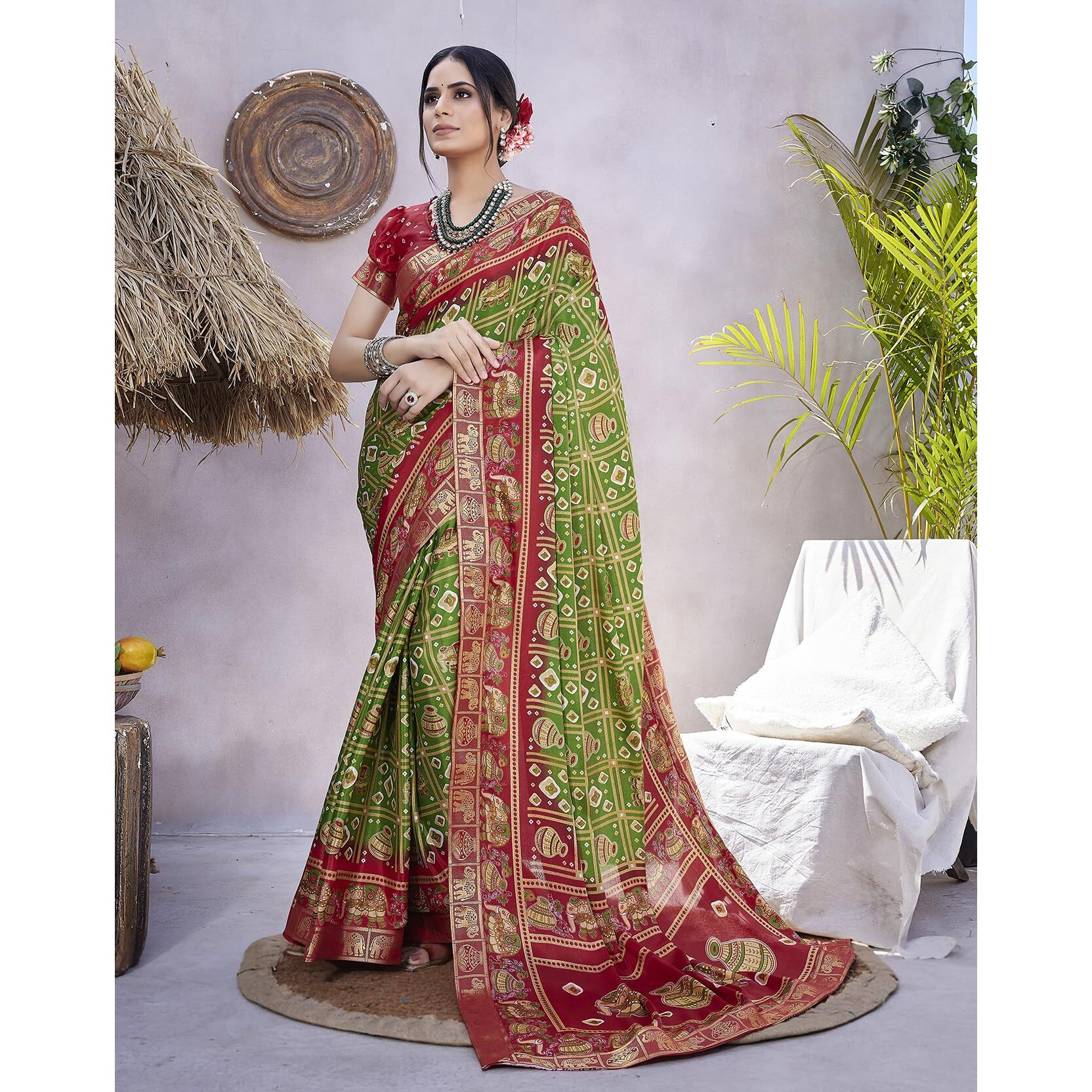 Yashika Womens Magludi Silk Saree Printed Saree With Unstitched Blouse Material - Suitable For All Indian Occasions and Festivals (AZ-YS-OG-RASIYA MAHENDI RED)