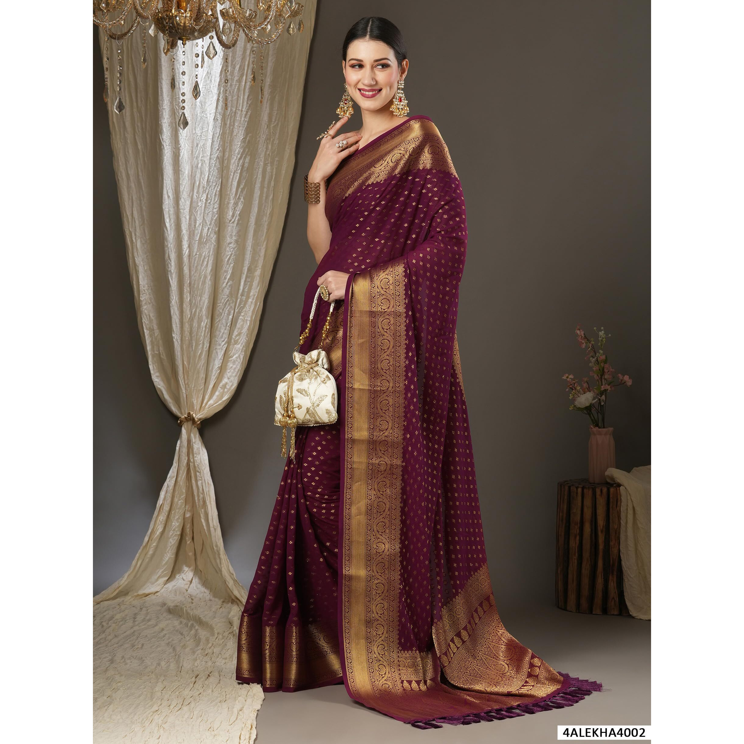 AKHILAM Womens Woven Design Georgette Kanjeevaram Saree With Unstitched Blouse Piece (Burgundy_4ALEKHA4002)