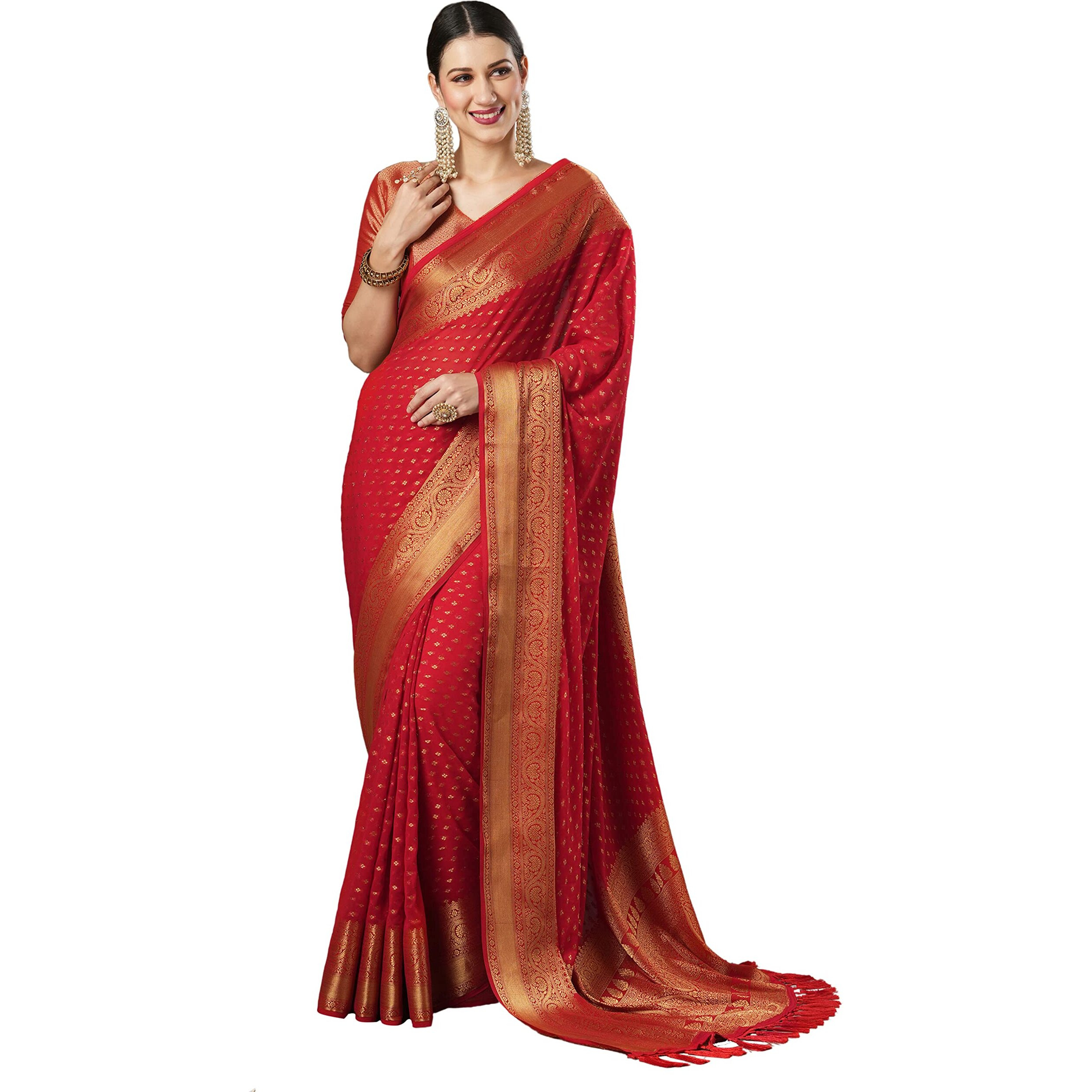 AKHILAM Womens Woven Design Georgette Kanjeevaram Saree With Unstitched Blouse Piece (Red_4ALEKHA4001)