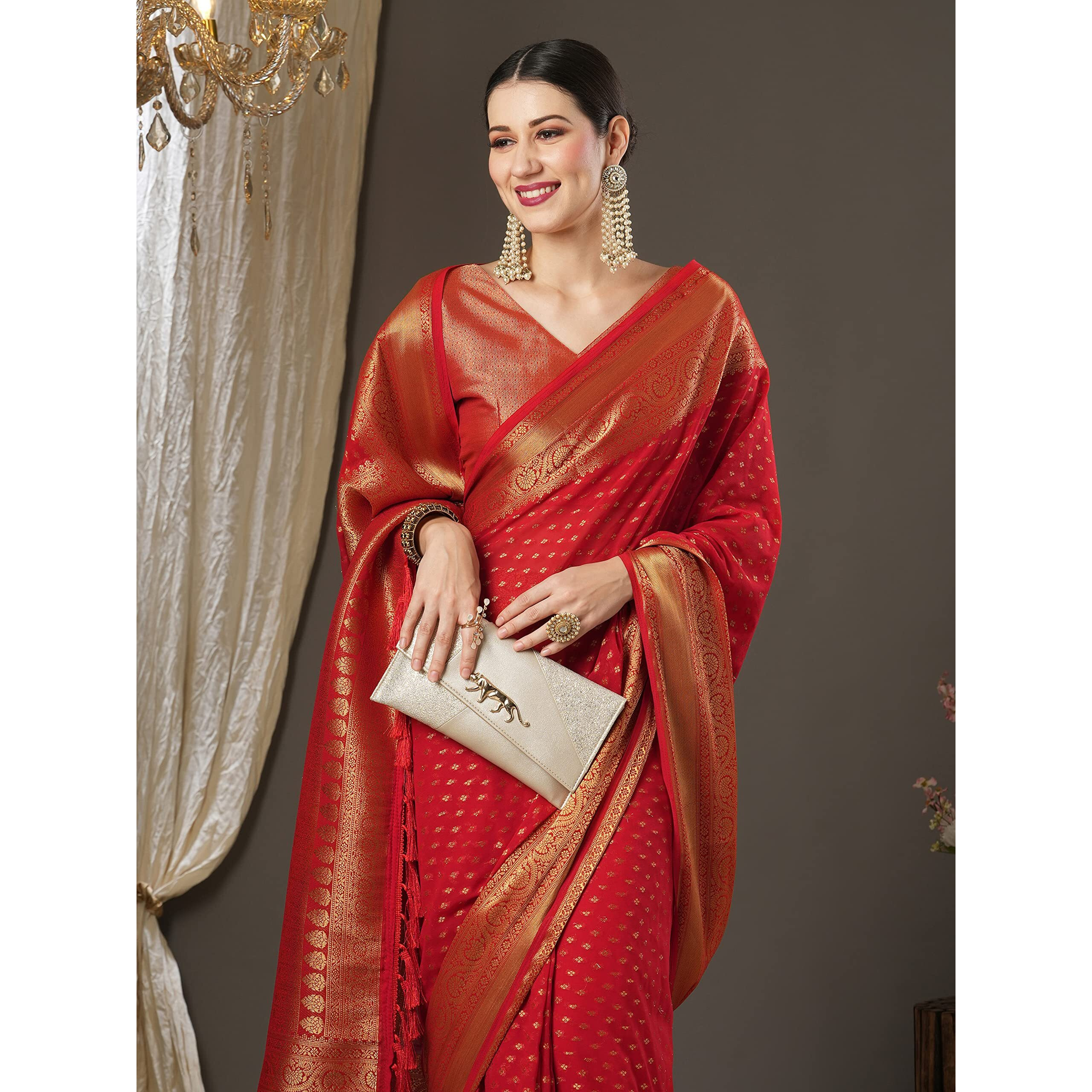 AKHILAM Womens Woven Design Georgette Kanjeevaram Saree With Unstitched Blouse Piece (Red_4ALEKHA4001)
