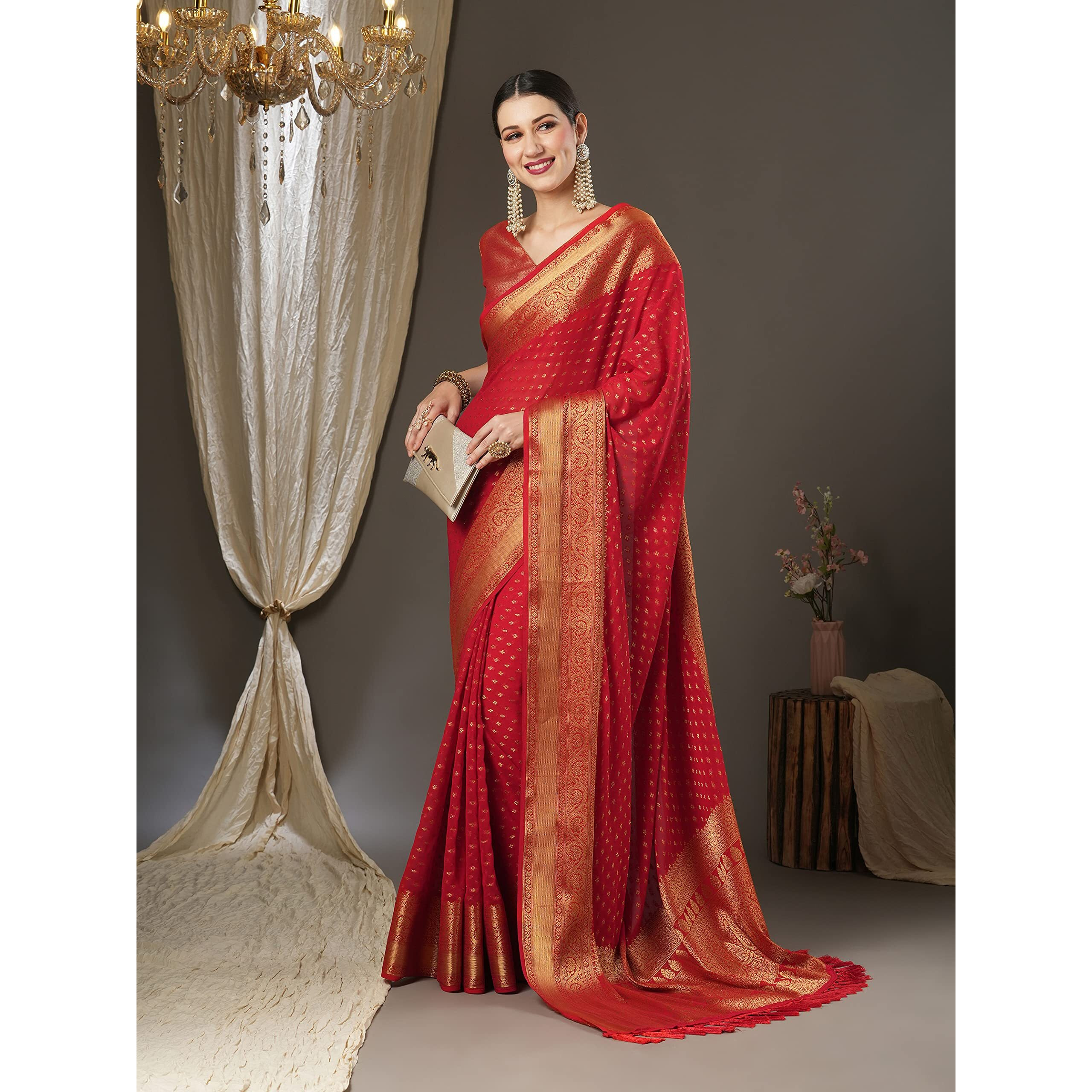 AKHILAM Womens Woven Design Georgette Kanjeevaram Saree With Unstitched Blouse Piece (Red_4ALEKHA4001)