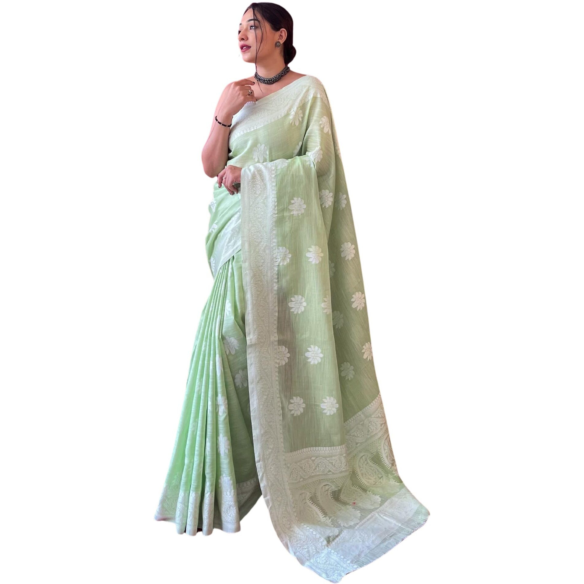 SGF11 Womens Kanjivaram Soft Cotton Linen Silk Saree With Blouse Piece (Green)
