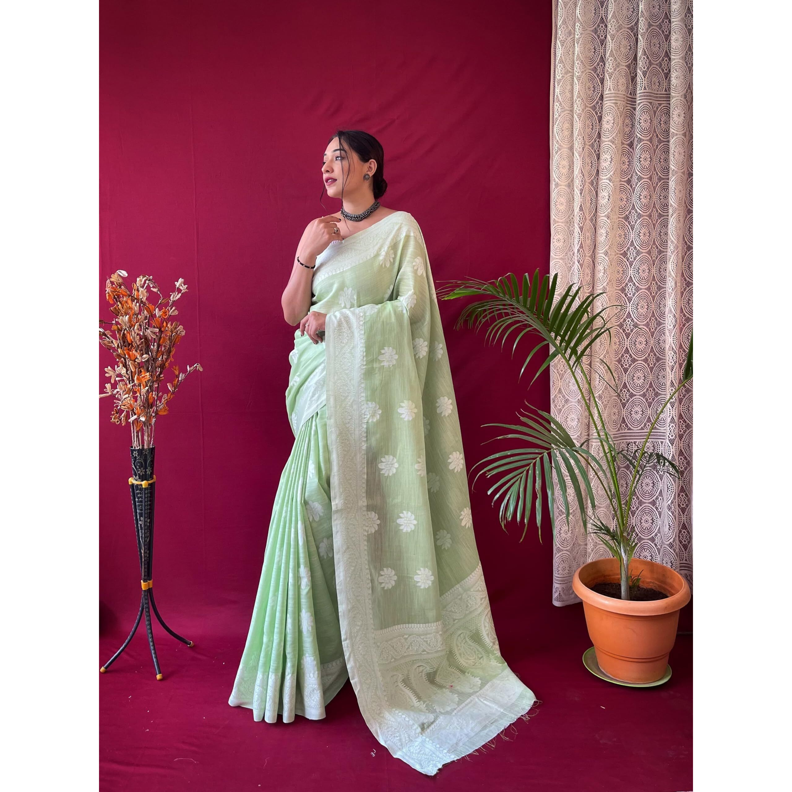SGF11 Womens Kanjivaram Soft Cotton Linen Silk Saree With Blouse Piece (Green)