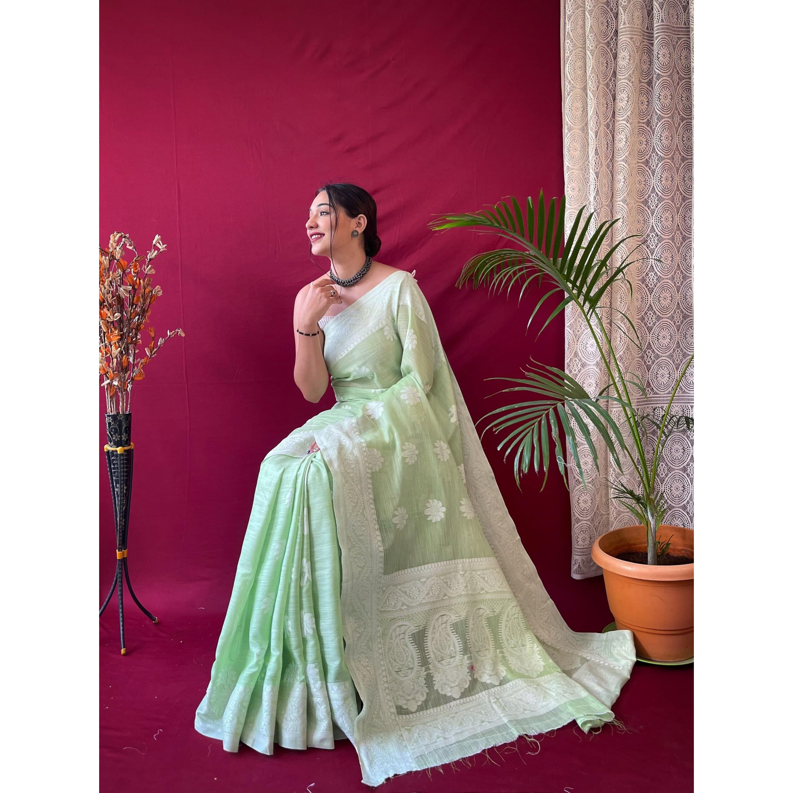 SGF11 Womens Kanjivaram Soft Cotton Linen Silk Saree With Blouse Piece (Green)