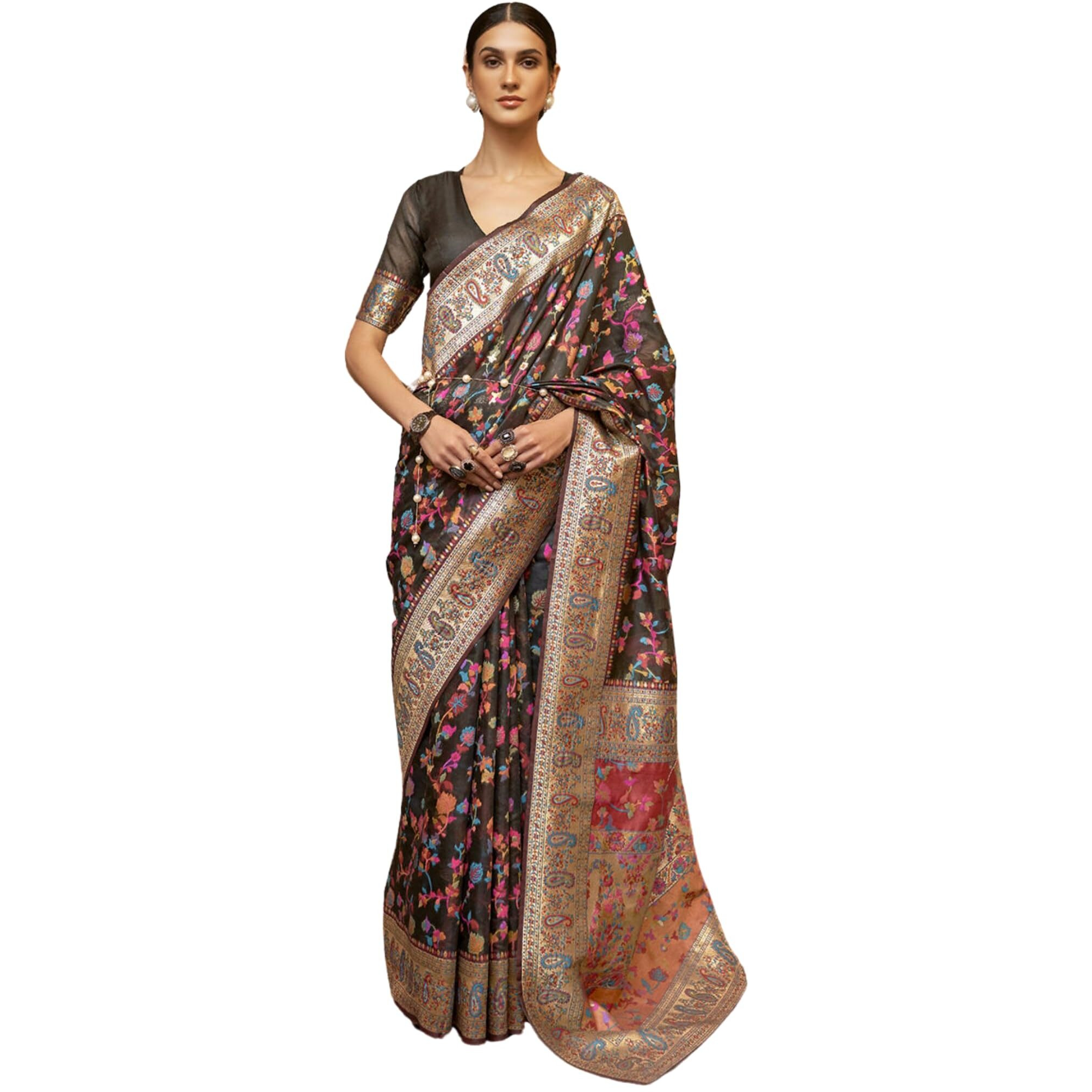 SGF11- Womens Kanjivaram Pure Soft Silk Handloom Saree Pure Golden Zari With Blouse Piece (Black Kashmiri)
