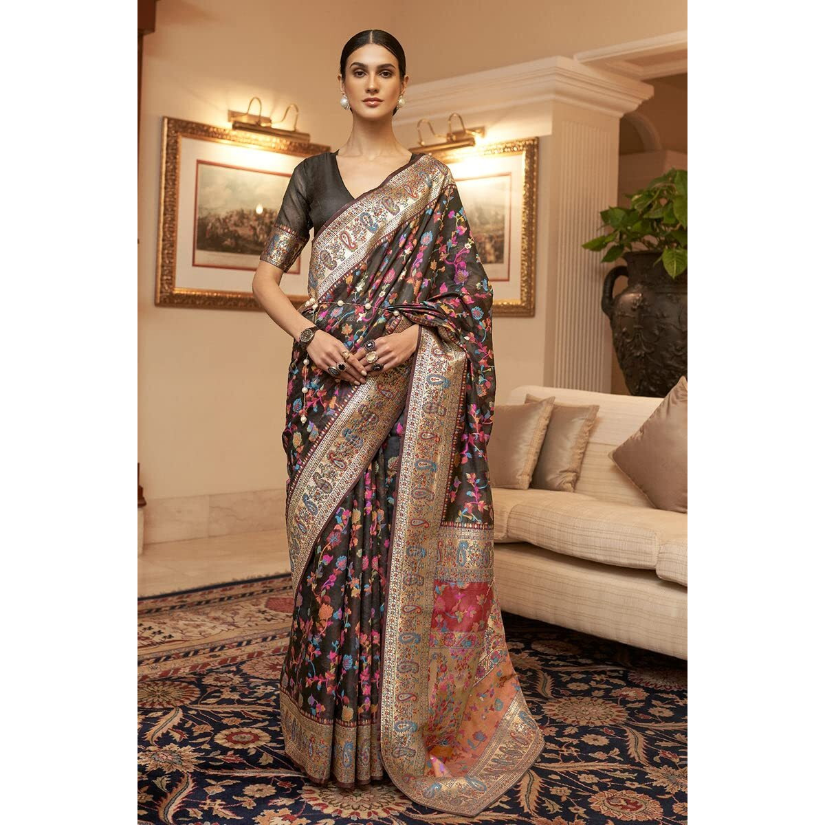 SGF11- Womens Kanjivaram Pure Soft Silk Handloom Saree Pure Golden Zari With Blouse Piece (Black Kashmiri)