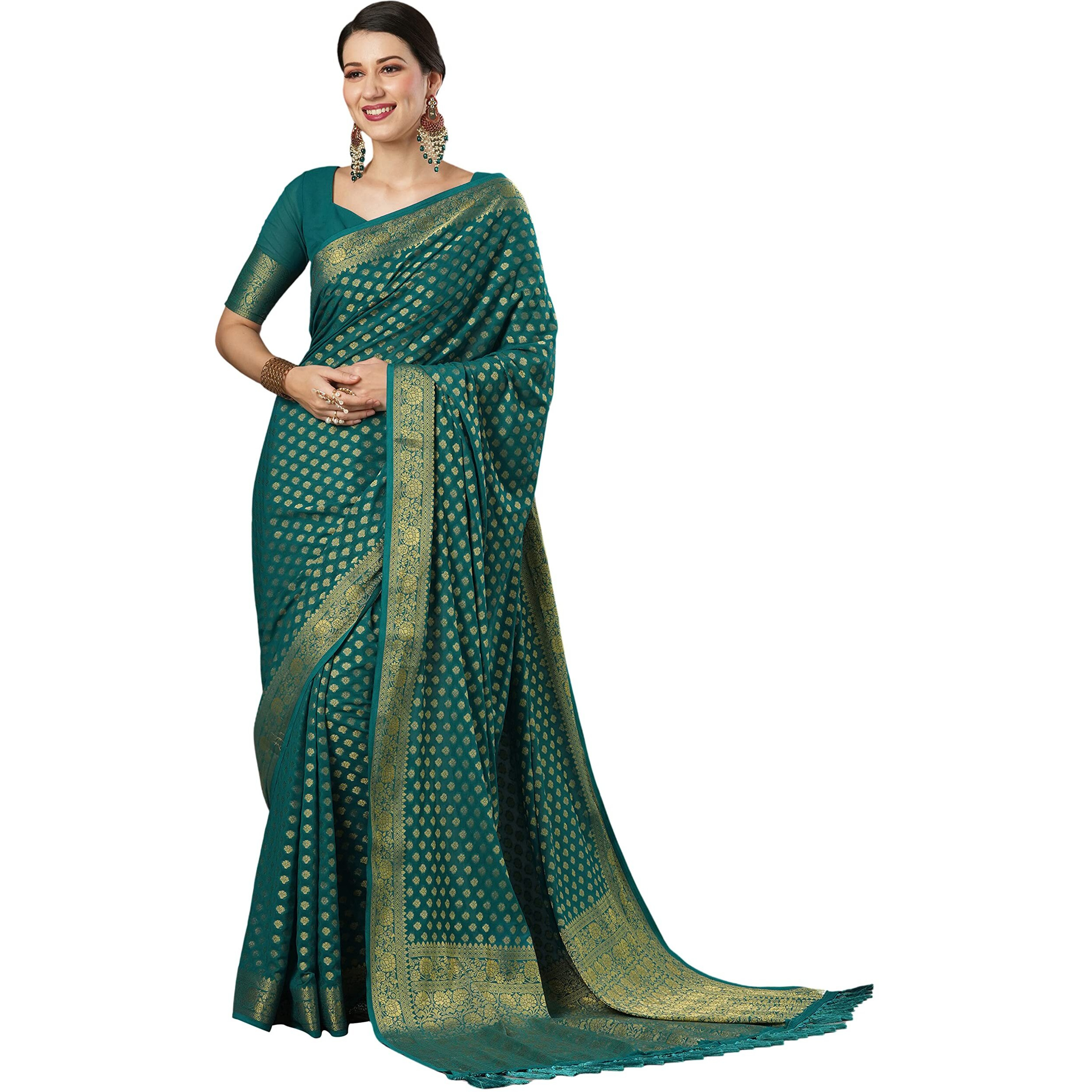 AKHILAM Womens Woven Design Georgette Kanjeevaram Saree With Unstitched Blouse Piece (Teal blue_2ALEKHA2004)