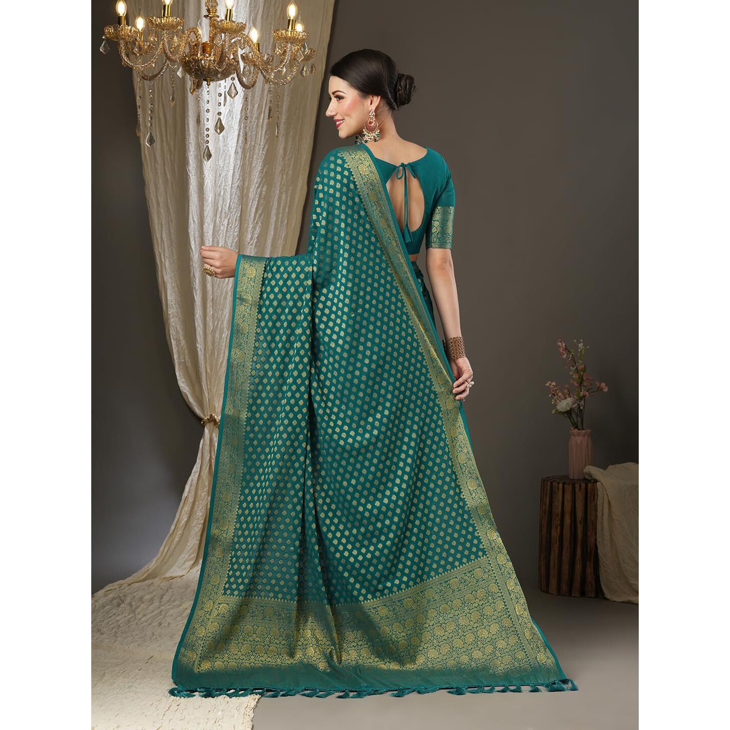 AKHILAM Womens Woven Design Georgette Kanjeevaram Saree With Unstitched Blouse Piece (Teal blue_2ALEKHA2004)