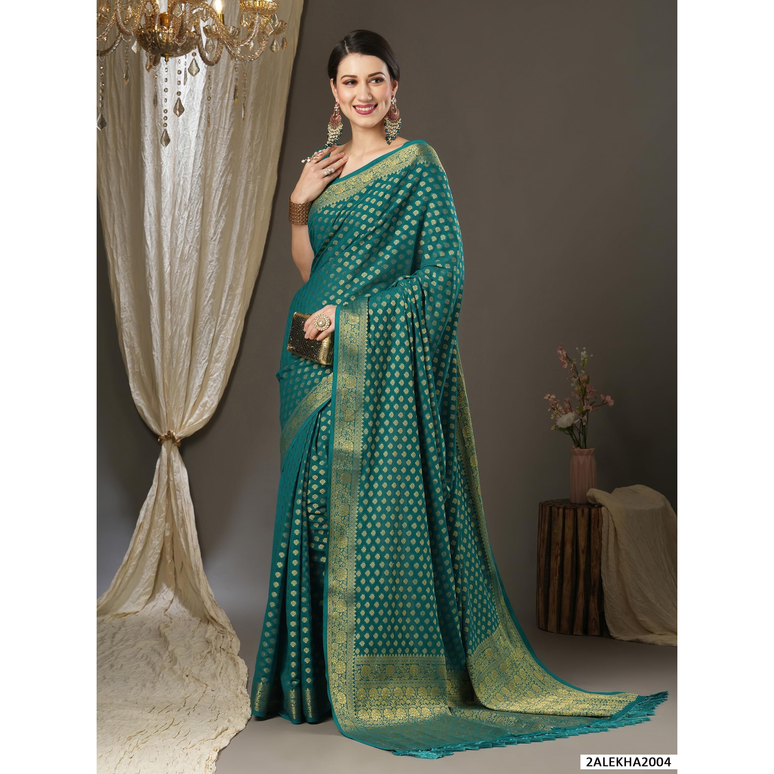 AKHILAM Womens Woven Design Georgette Kanjeevaram Saree With Unstitched Blouse Piece (Teal blue_2ALEKHA2004)