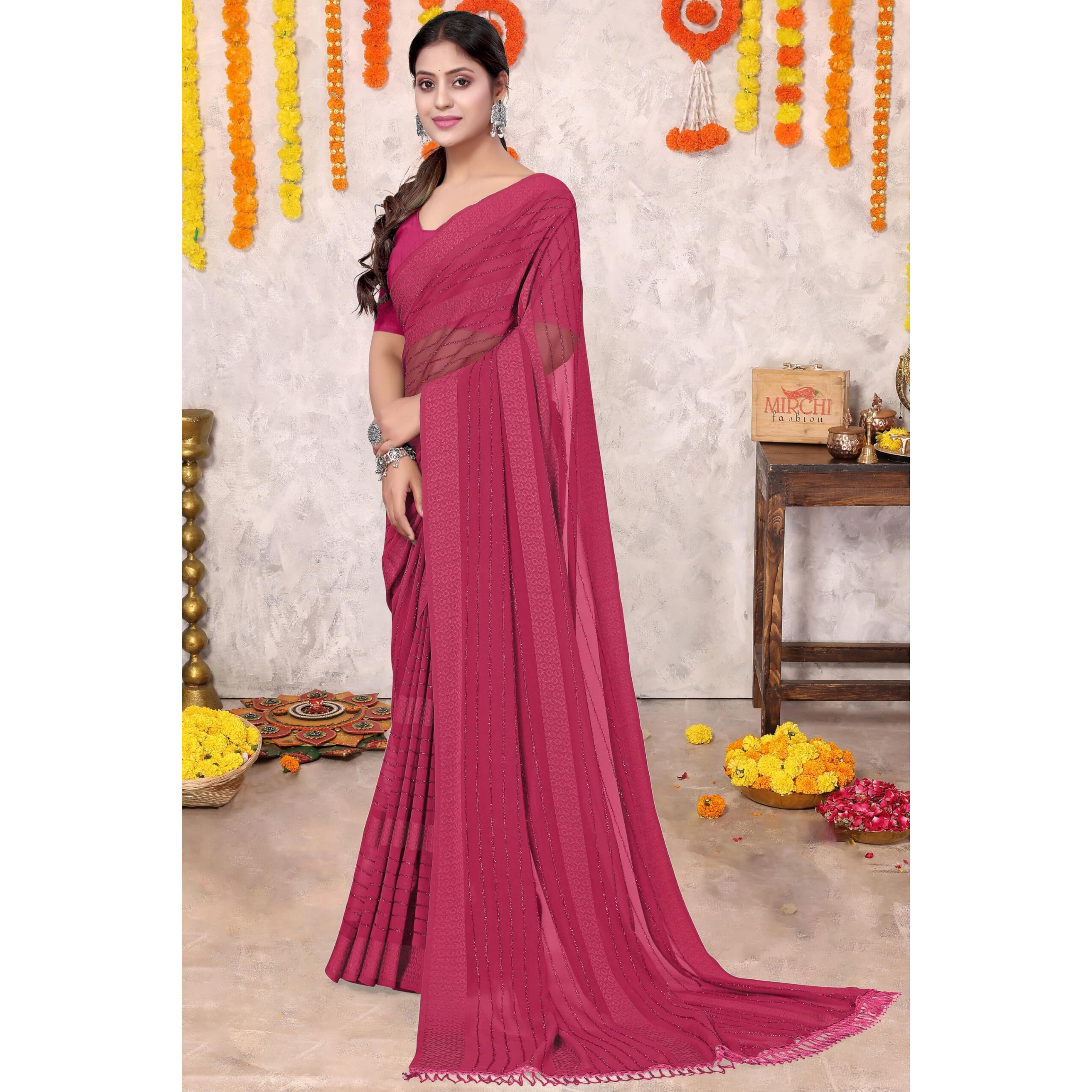 MIRCHI FASHION Womens Georgette Solid Saree with Blouse Piece (40175-Pink)