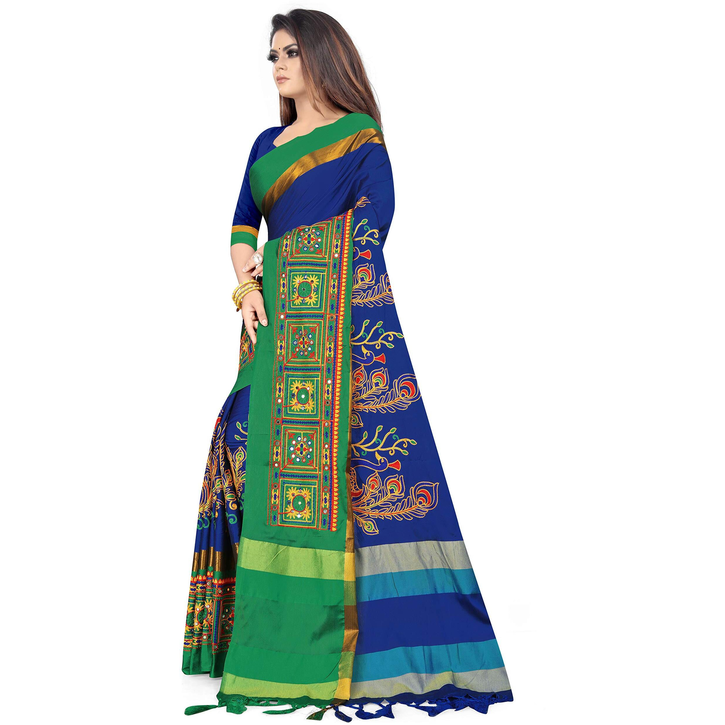 arriva fab Womens Kutchi Work Embroidered Exclusive Ready To Wear Saree With Unsitched Blouse (Royal Blue, Chanderi)