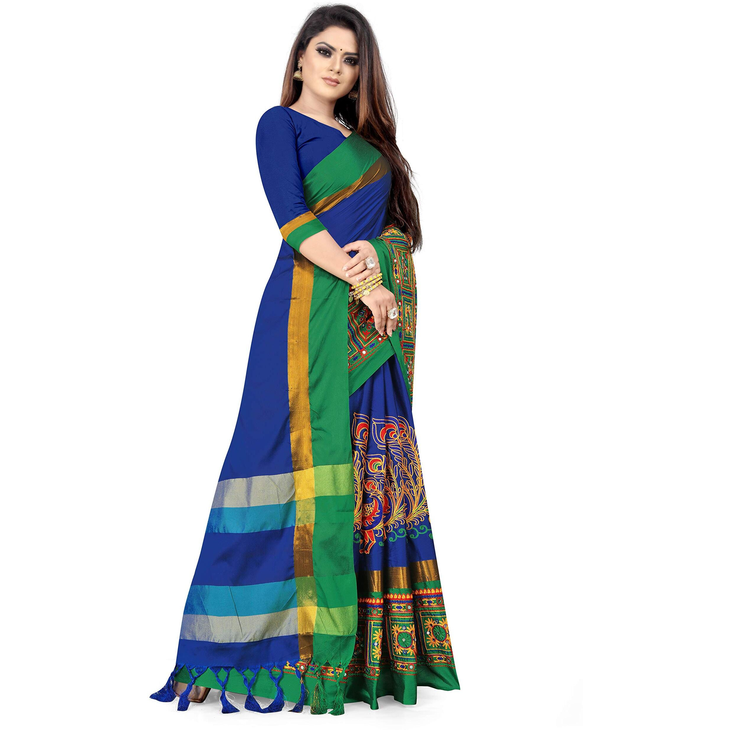 arriva fab Womens Kutchi Work Embroidered Exclusive Ready To Wear Saree With Unsitched Blouse (Royal Blue, Chanderi)