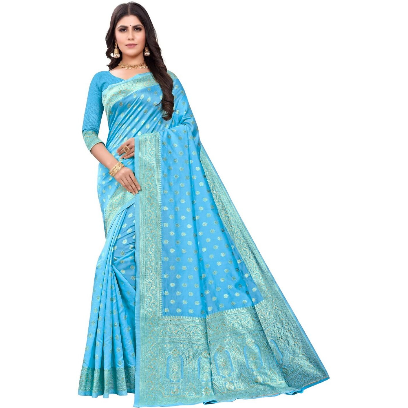 C J Enterprise Womens Banarasi Silk Saree Pure Kanjivaram Silk Sarees Soft Wear Pattu Latest Cotton Party Sari With Blouse Piece for Wedding Design sadi new ladies 2024 (paithani pari124) (Sky Blue)