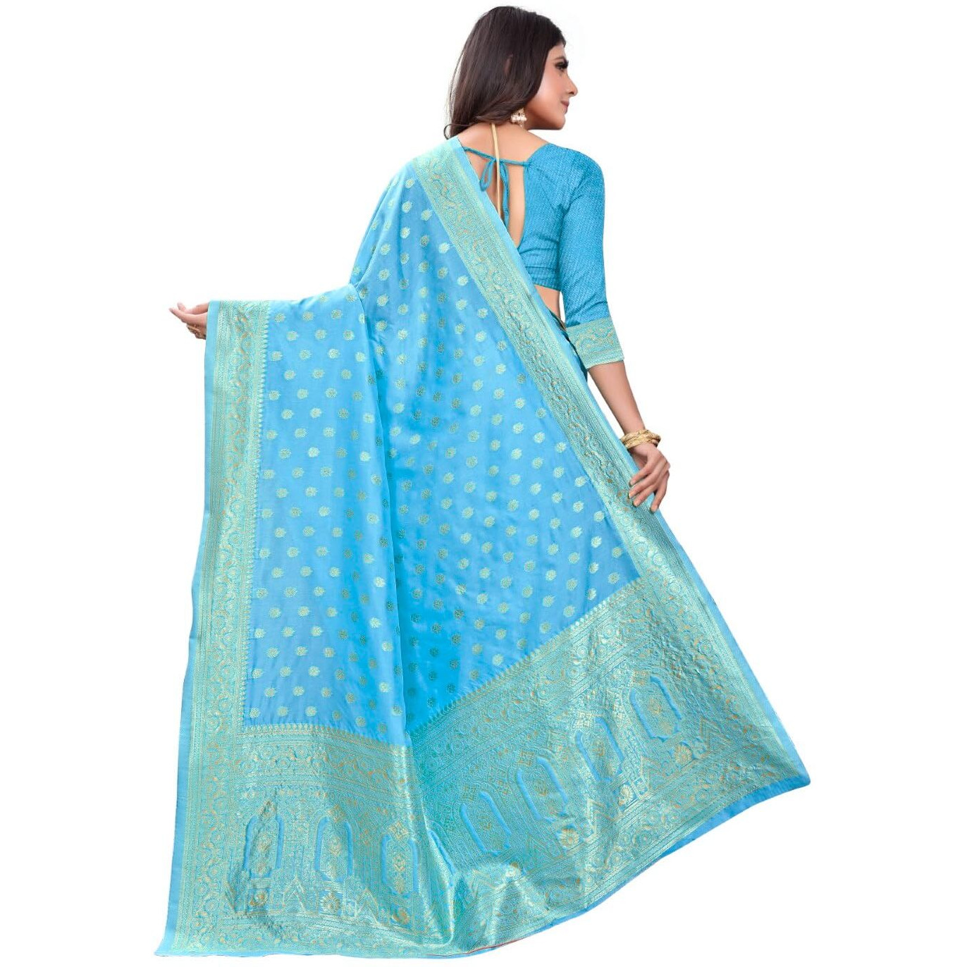 C J Enterprise Womens Banarasi Silk Saree Pure Kanjivaram Silk Sarees Soft Wear Pattu Latest Cotton Party Sari With Blouse Piece for Wedding Design sadi new ladies 2024 (paithani pari124) (Sky Blue)