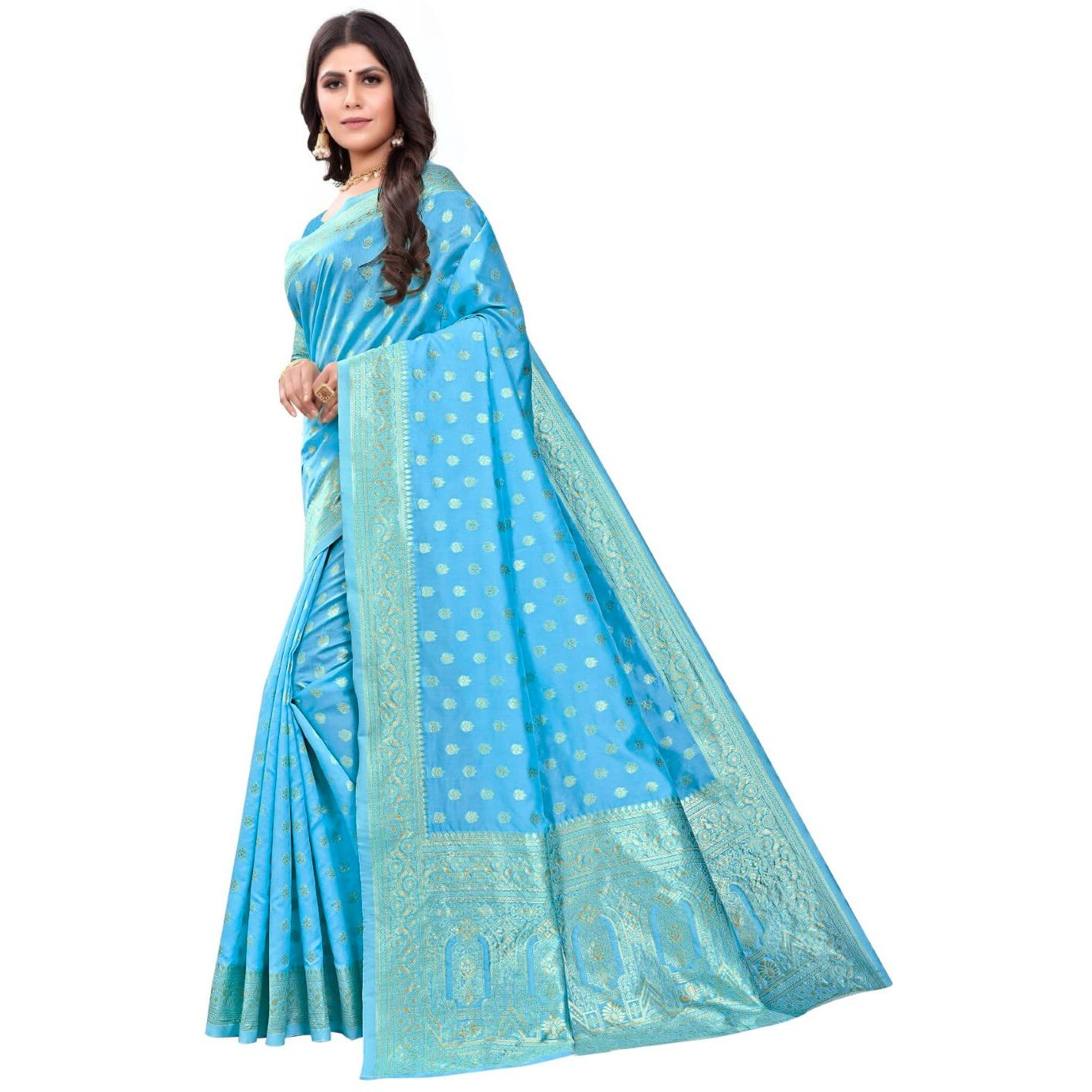C J Enterprise Womens Banarasi Silk Saree Pure Kanjivaram Silk Sarees Soft Wear Pattu Latest Cotton Party Sari With Blouse Piece for Wedding Design sadi new ladies 2024 (paithani pari124) (Sky Blue)