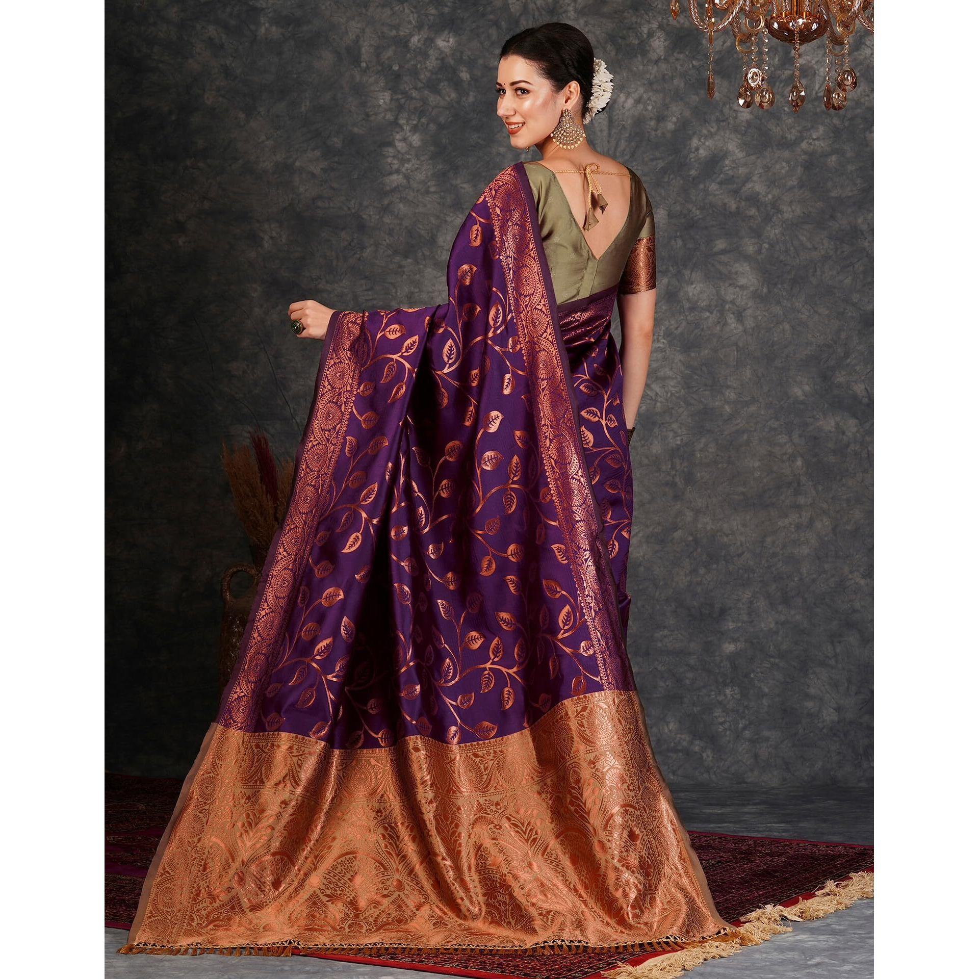 SIRIL Womens Banarasi Jacquard Soft Silk Kanjeevaram Saree With Unstitched Blouse Piece (3759S140A_Purple)