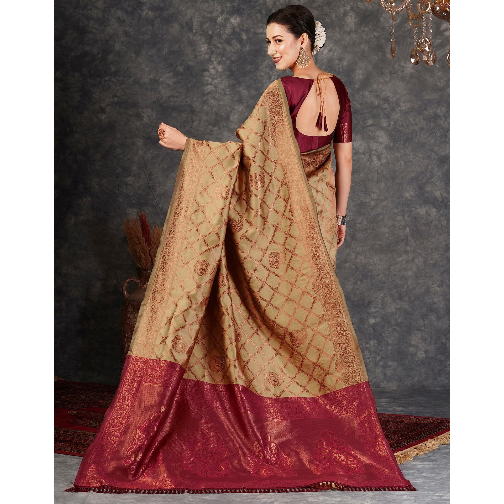 SIRIL Womens Banarasi Jacquard Soft Silk Kanjeevaram Saree With Unstitched Blouse Piece (3759S134A_Beige)