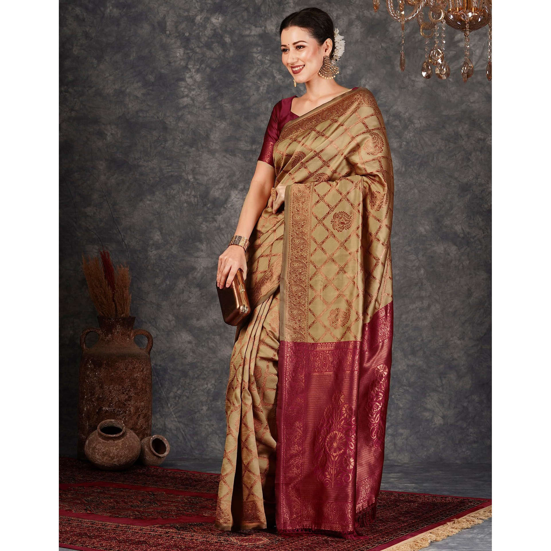 SIRIL Womens Banarasi Jacquard Soft Silk Kanjeevaram Saree With Unstitched Blouse Piece (3759S134A_Beige)