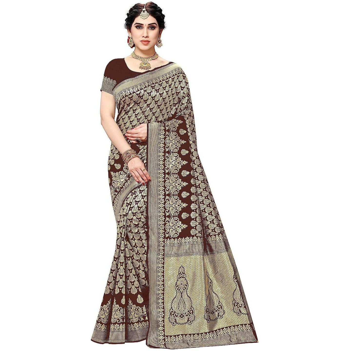Yashika Womens Trendy Banarasi Kanjivaram Brown Color Art Silk Saree with Blouse Material (MALIYA BROWN)