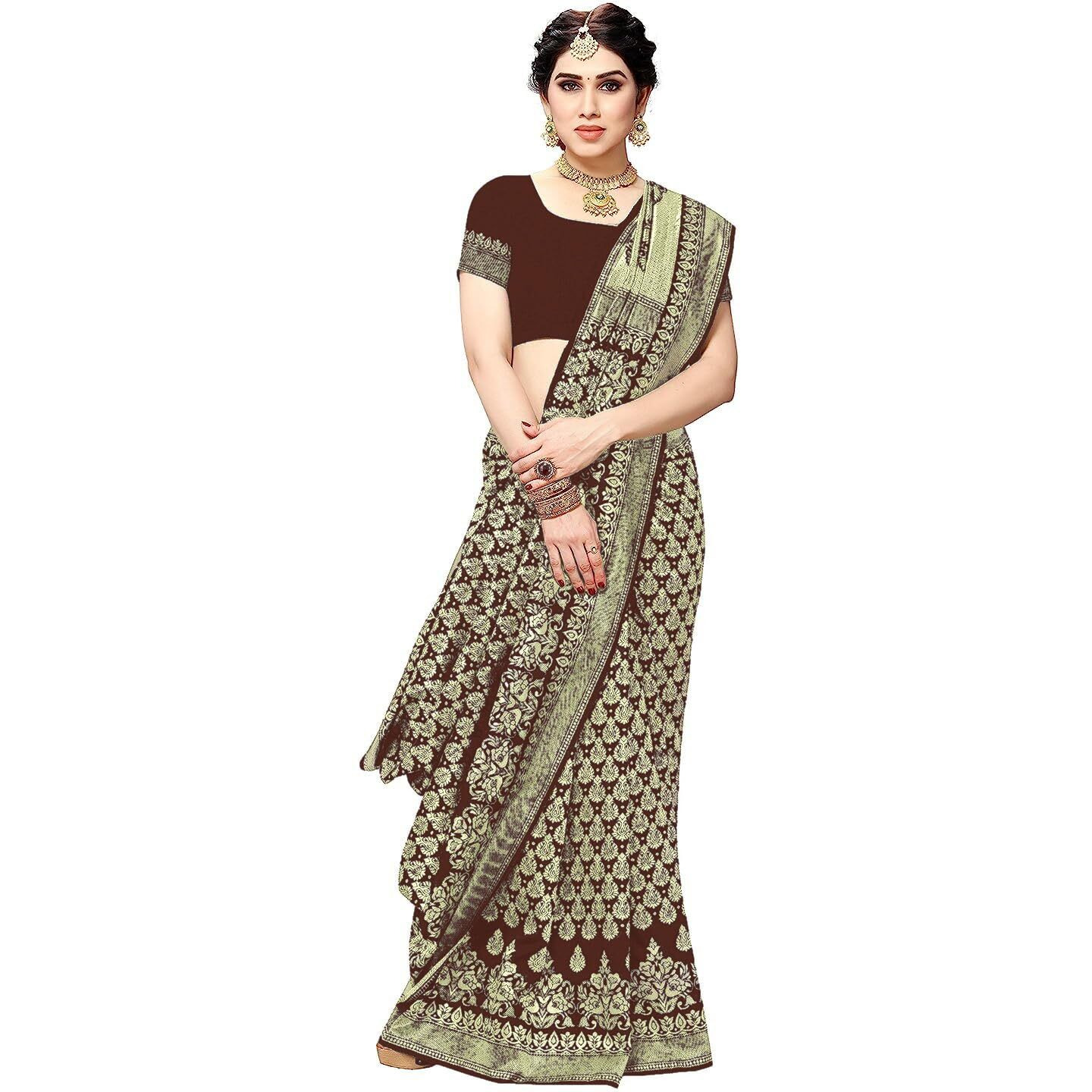 Yashika Womens Trendy Banarasi Kanjivaram Brown Color Art Silk Saree with Blouse Material (MALIYA BROWN)