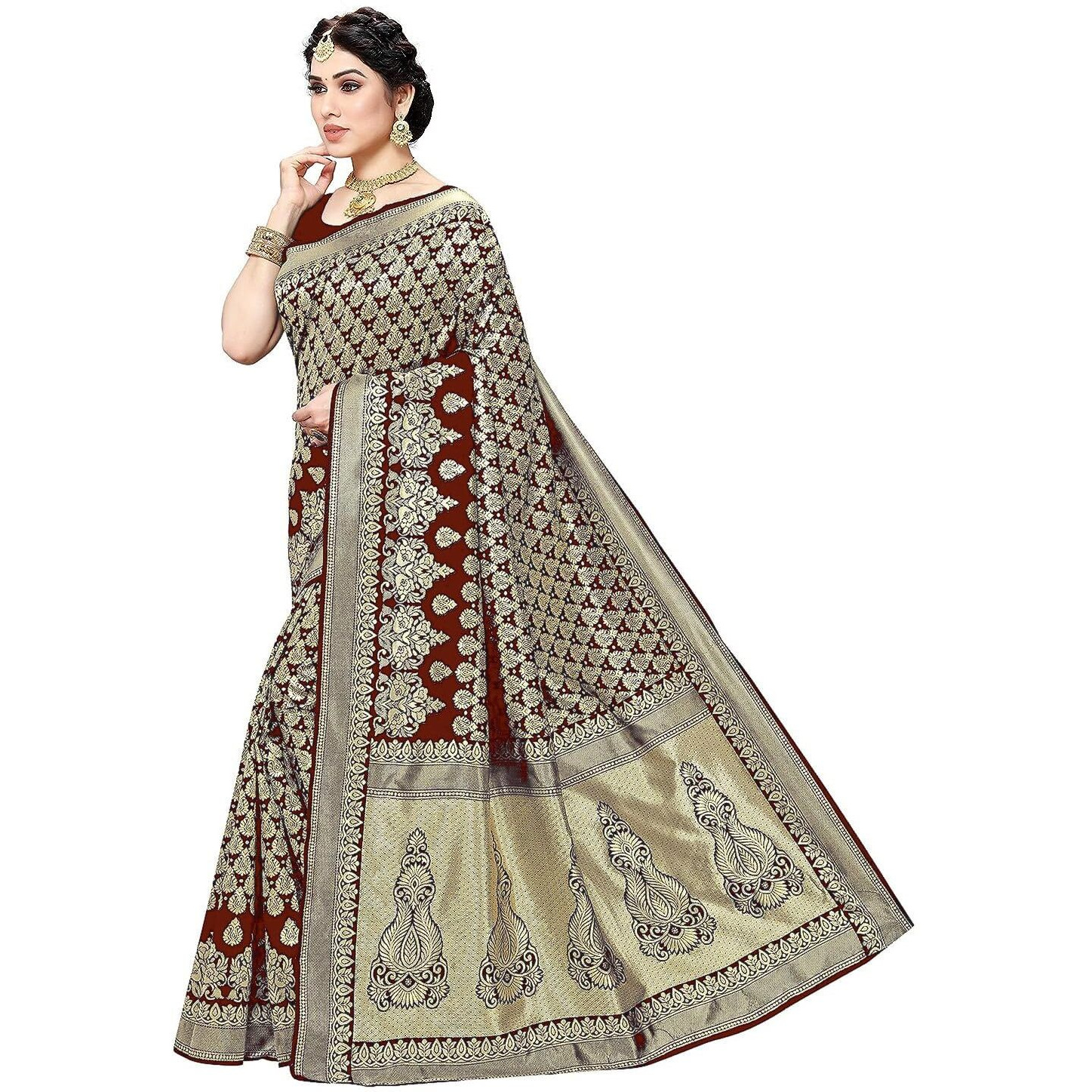 Yashika Womens Trendy Banarasi Kanjivaram Brown Color Art Silk Saree with Blouse Material (MALIYA BROWN)