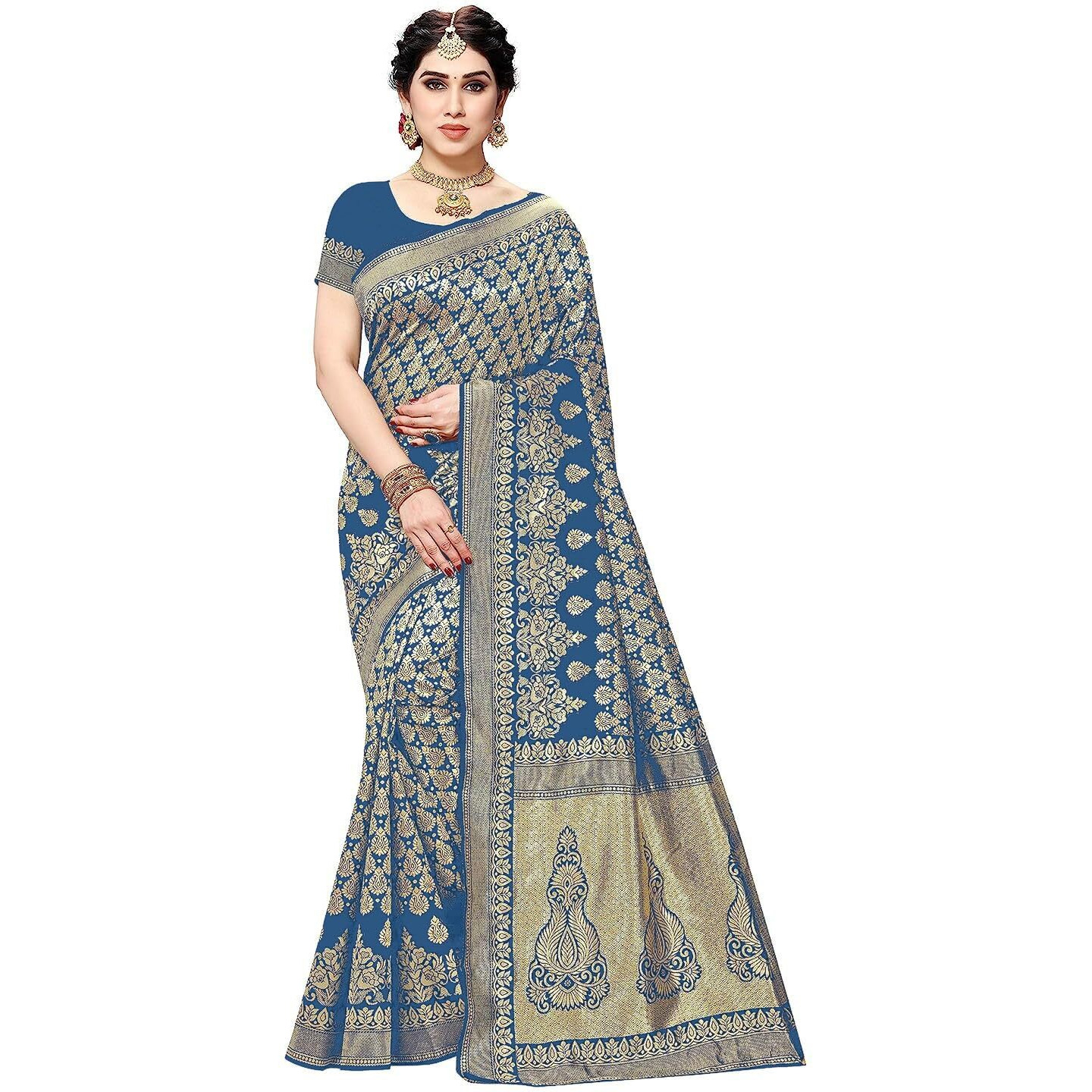 Yashika Womens Trendy Banarasi Kanjivaram Rama Color Art Silk Saree with Blouse Material (MALIYA RAMA)