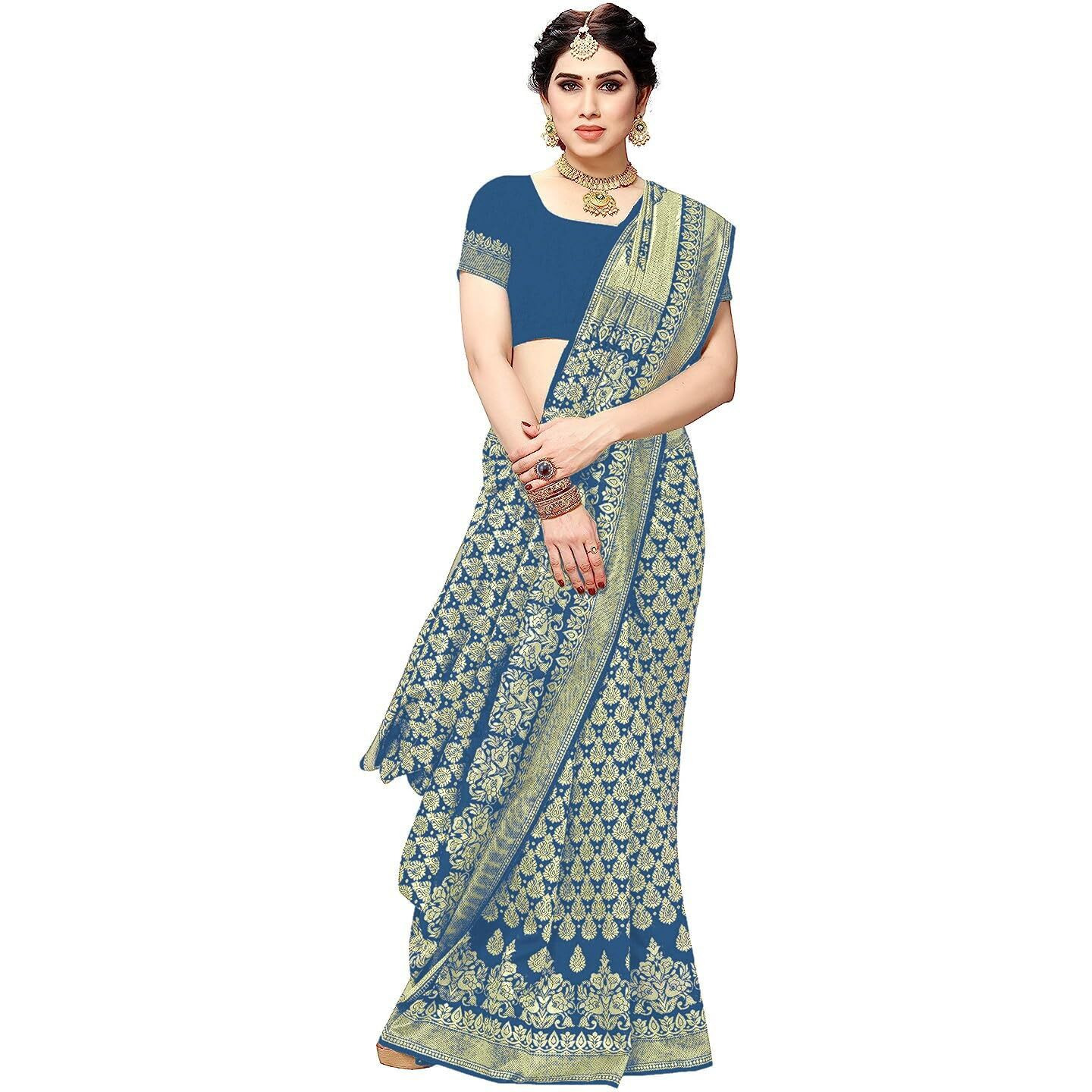 Yashika Womens Trendy Banarasi Kanjivaram Rama Color Art Silk Saree with Blouse Material (MALIYA RAMA)