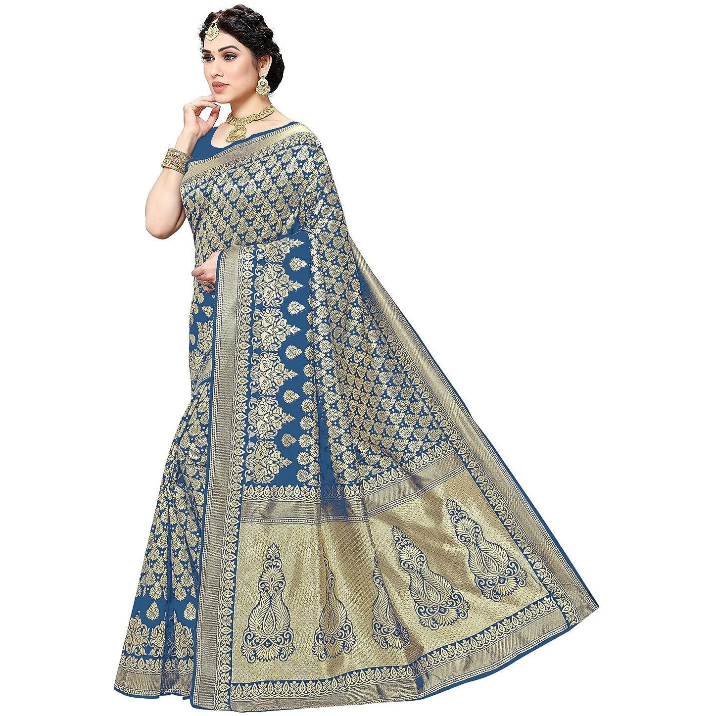 Yashika Womens Trendy Banarasi Kanjivaram Rama Color Art Silk Saree with Blouse Material (MALIYA RAMA)