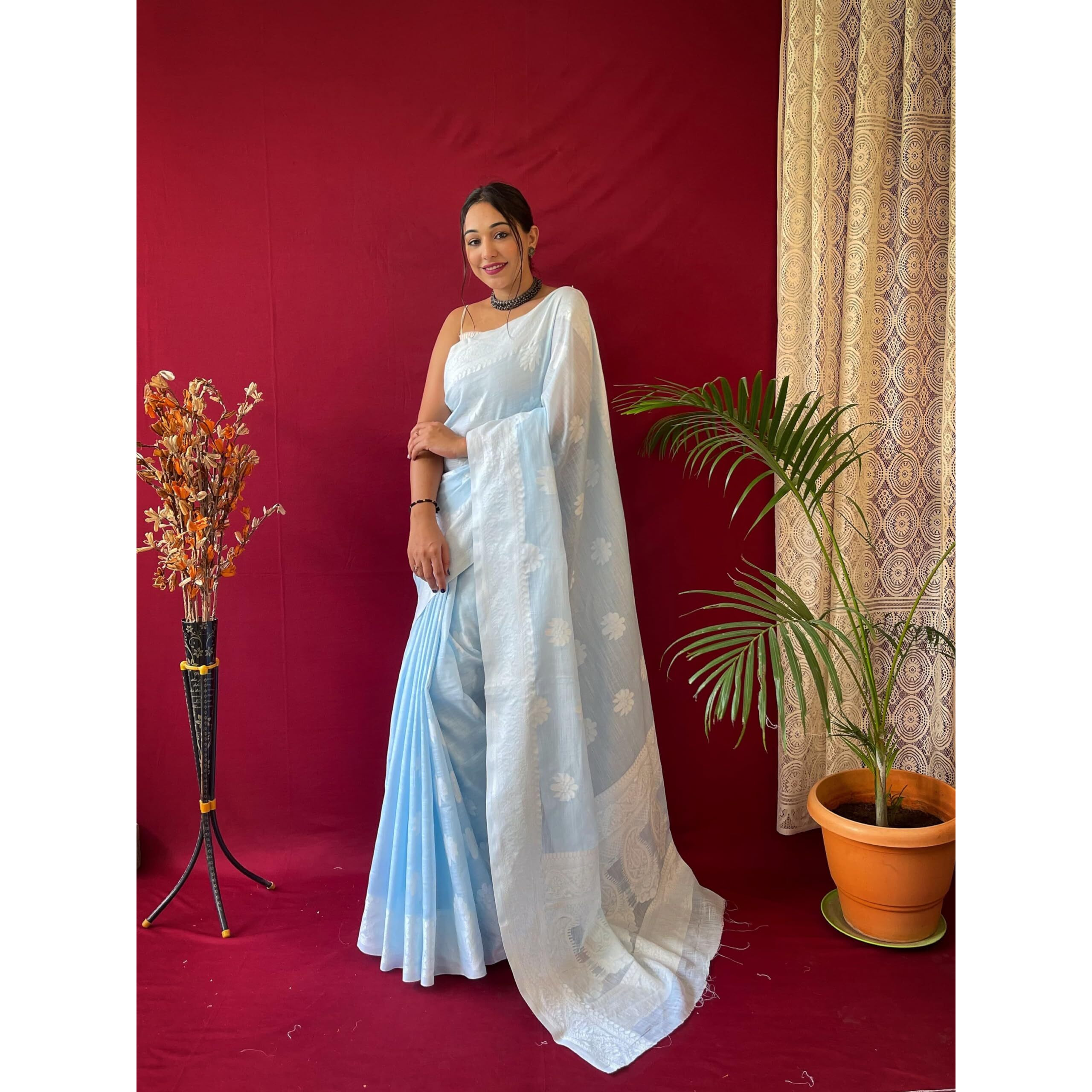 SGF11 Womens Kanjivaram Soft Cotton Linen Silk Saree With Blouse Piece (Light Blue)