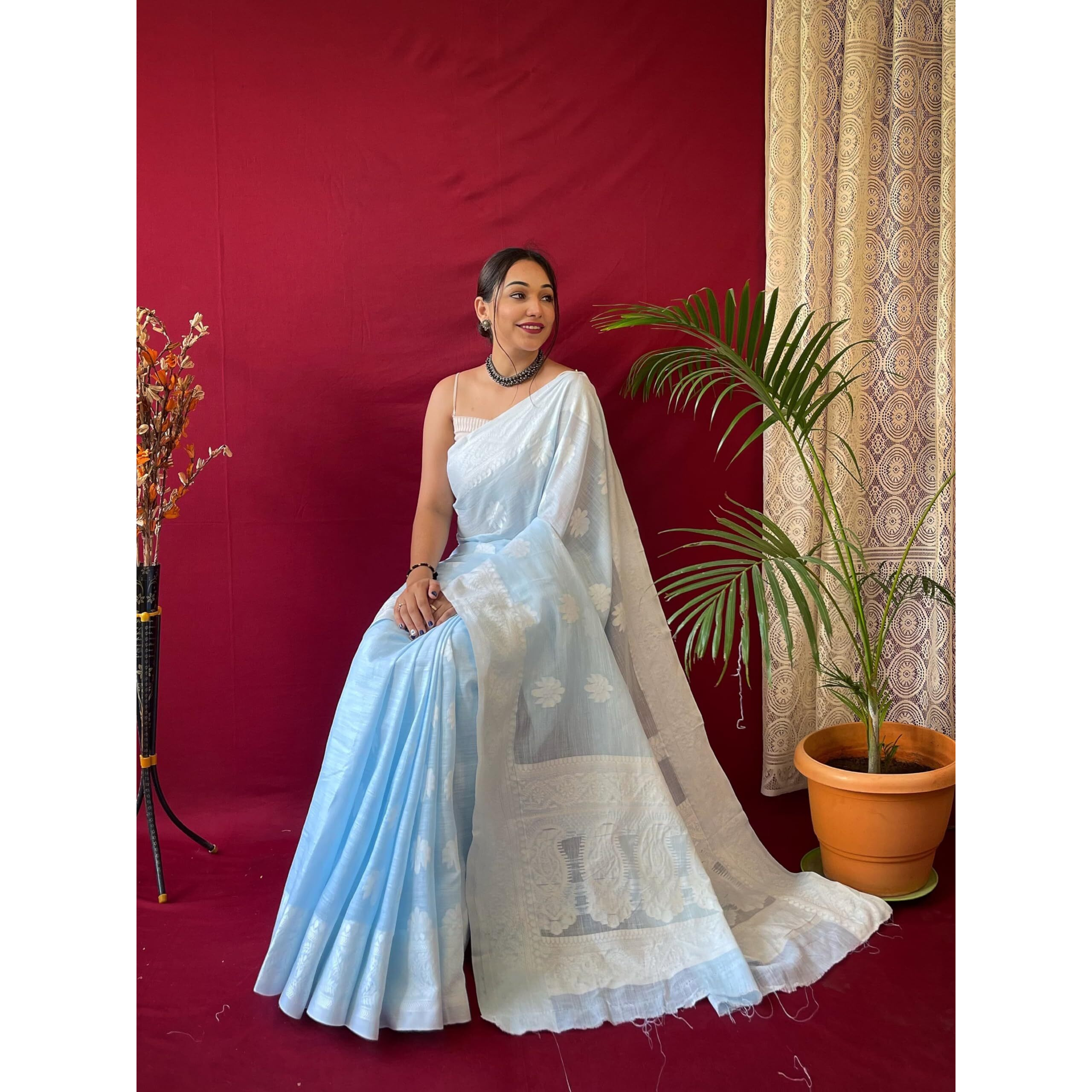 SGF11 Womens Kanjivaram Soft Cotton Linen Silk Saree With Blouse Piece (Light Blue)