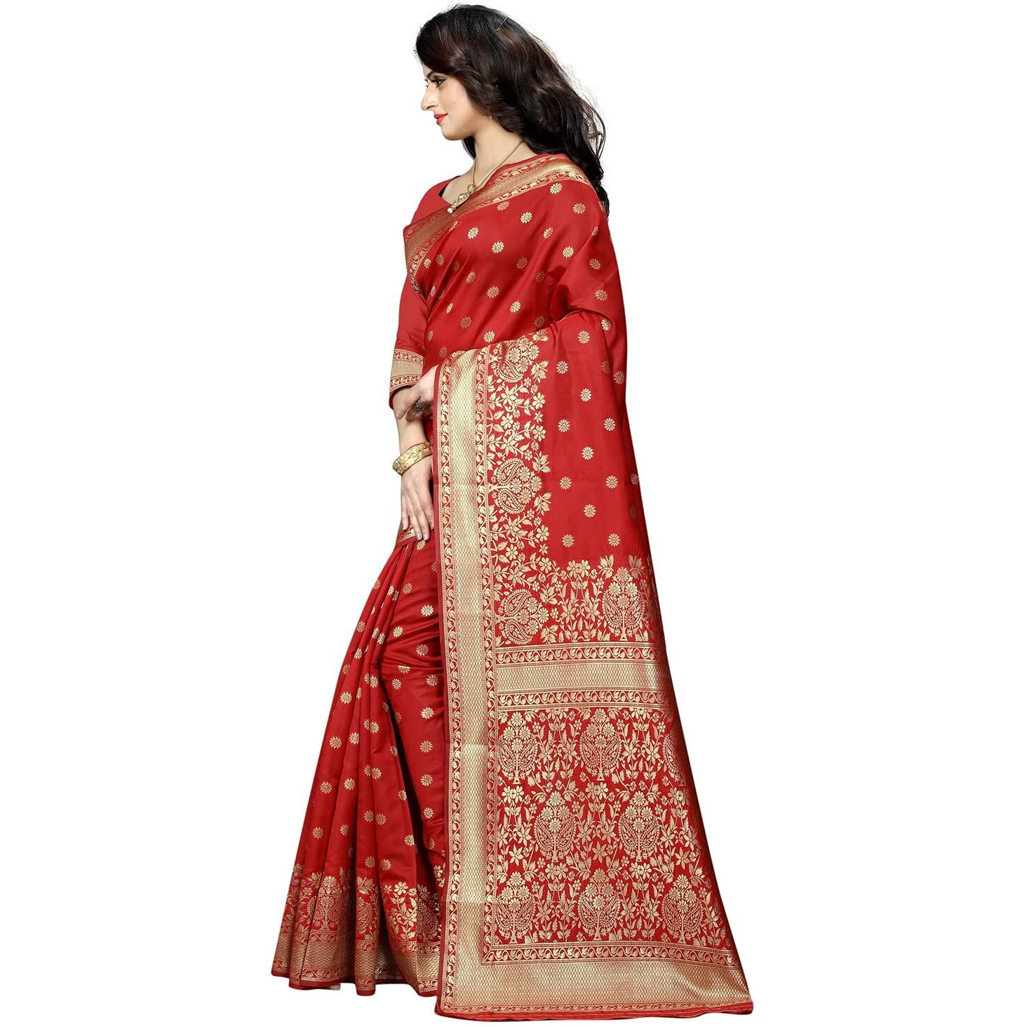 C J Enterprise Womens Pure Kanjivaram Soft Silk Saree Banarasi Design Wear Pattu Sarees Latest Party Cotton Sari collections With Blouse Piece for Wedding sadi new ladies 2023 2024 (Pari100 Red)