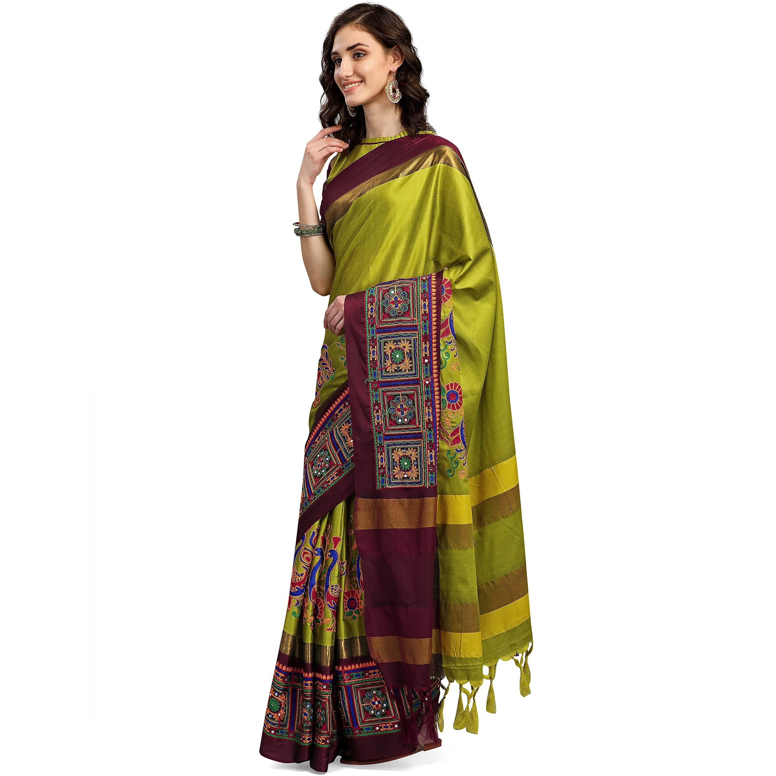 arriva fab Chanderi Womens Kutchi Work Embroidered Exclusive Wear Sare (Light Green, Saree)