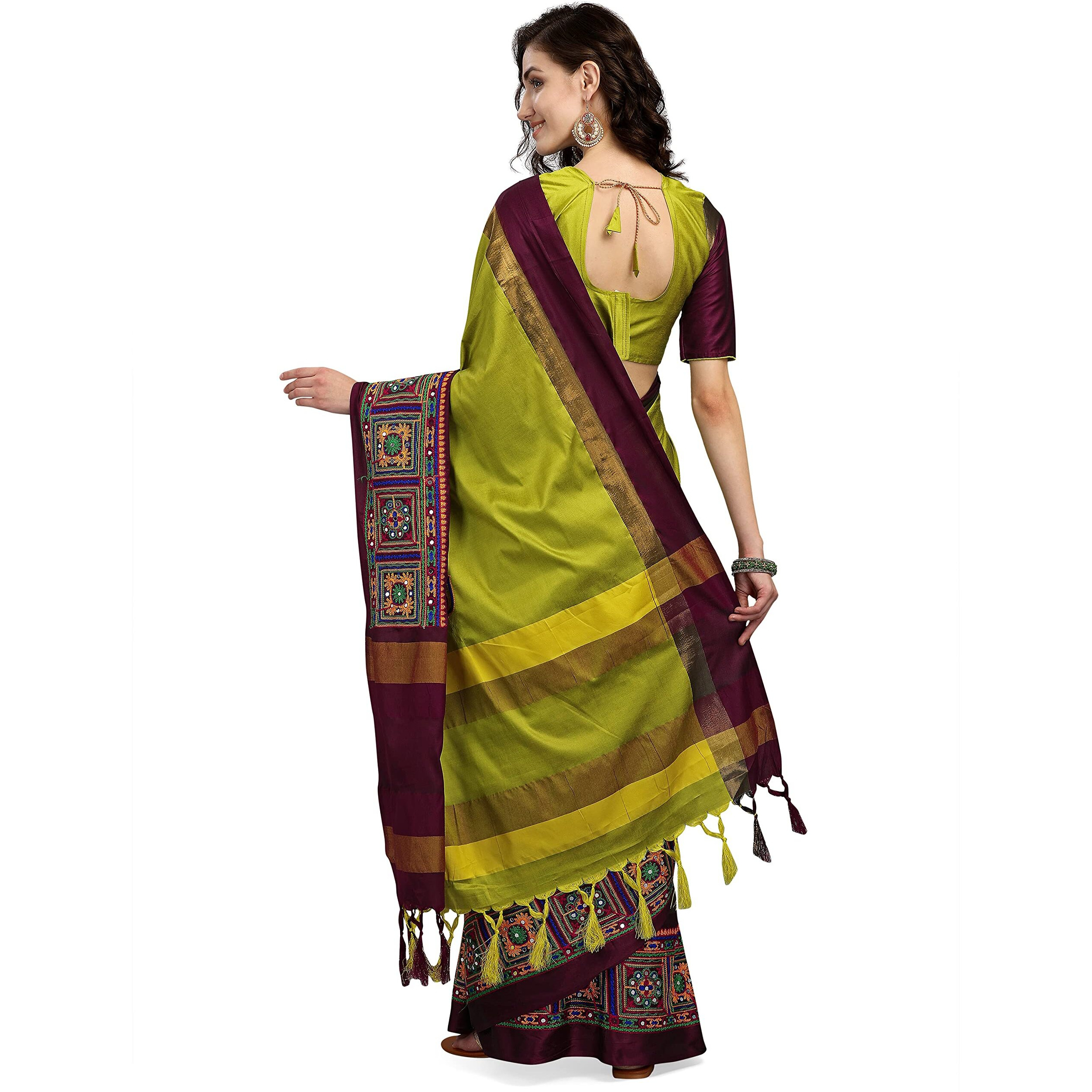 arriva fab Chanderi Womens Kutchi Work Embroidered Exclusive Wear Sare (Light Green, Saree)