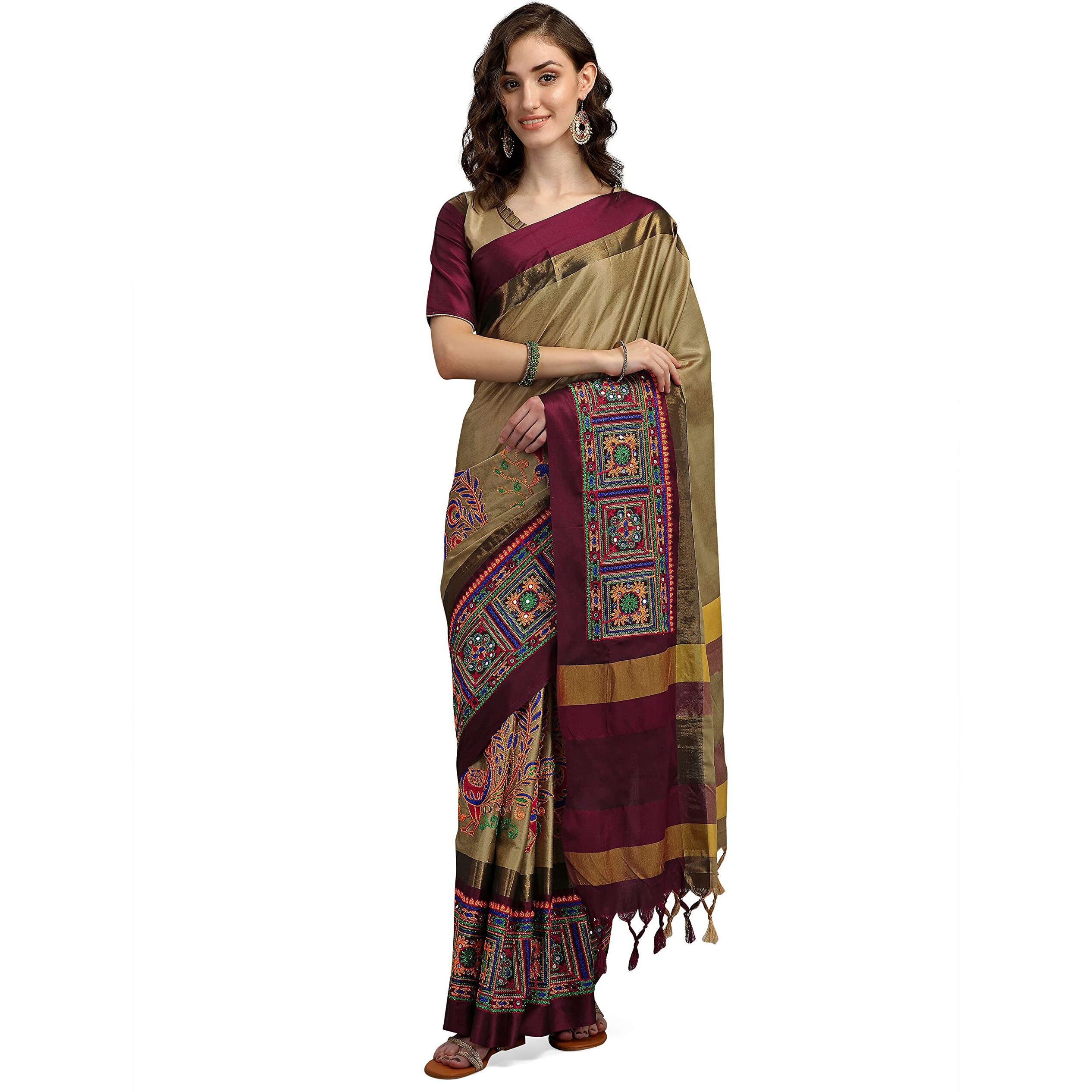 arriva fab womens kutchi work embroidered Exclusive wear sare (Beige)