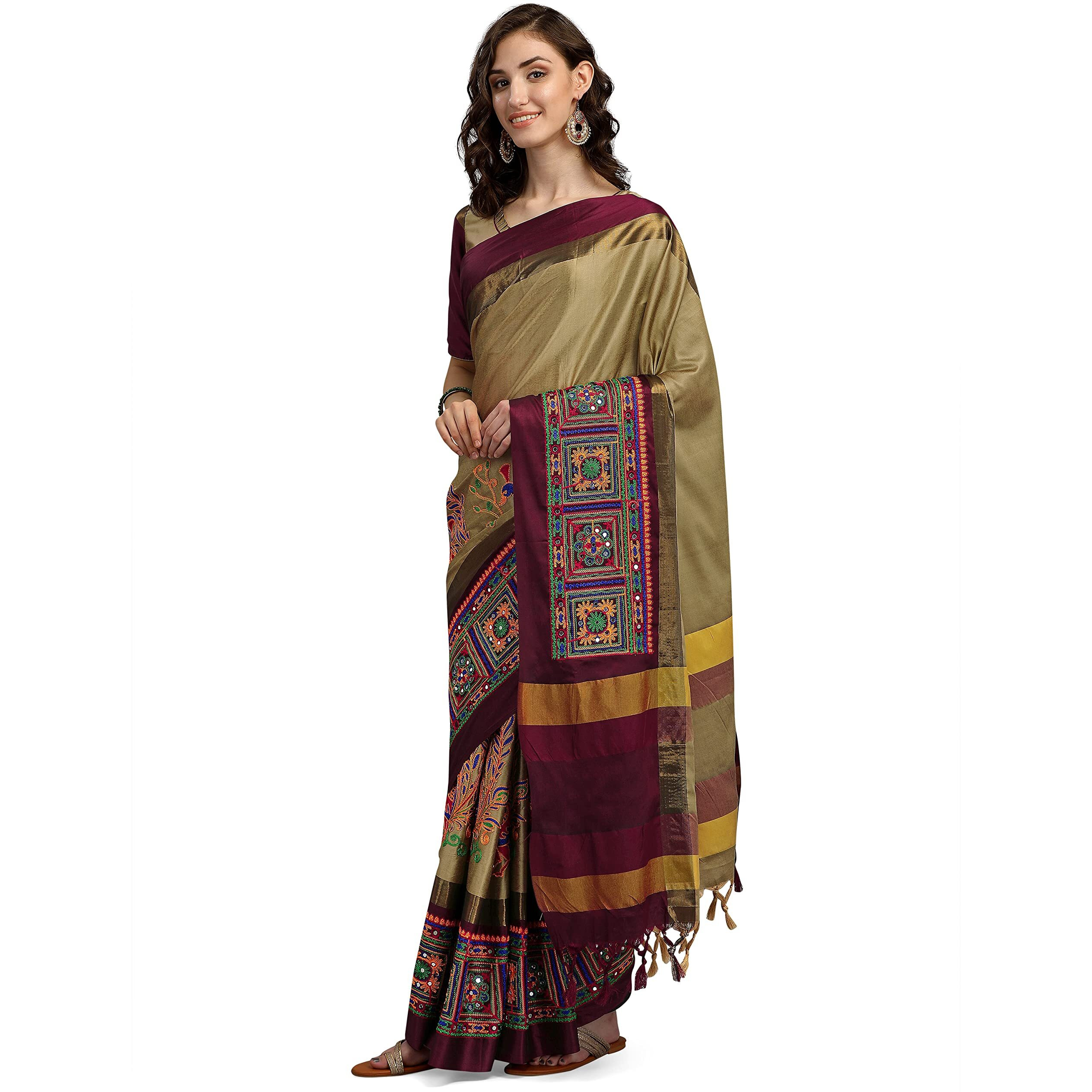 arriva fab womens kutchi work embroidered Exclusive wear sare (Beige)