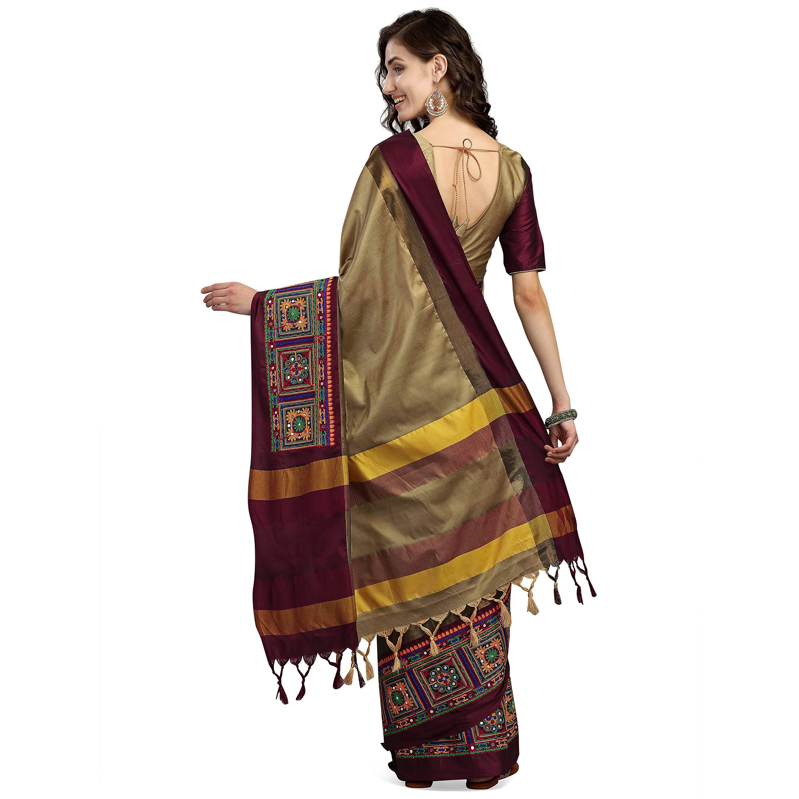 arriva fab womens kutchi work embroidered Exclusive wear sare (Beige)