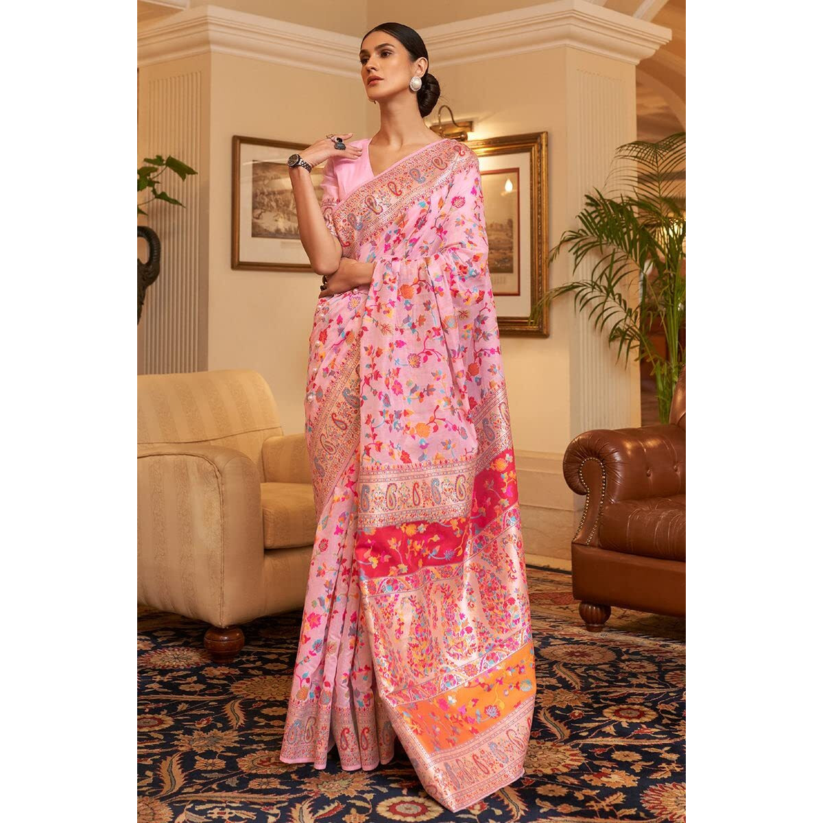 SGF11- Womens Kanjivaram Pure Soft Silk Handloom Saree Pure Golden Zari With Blouse Piece (Pink1)