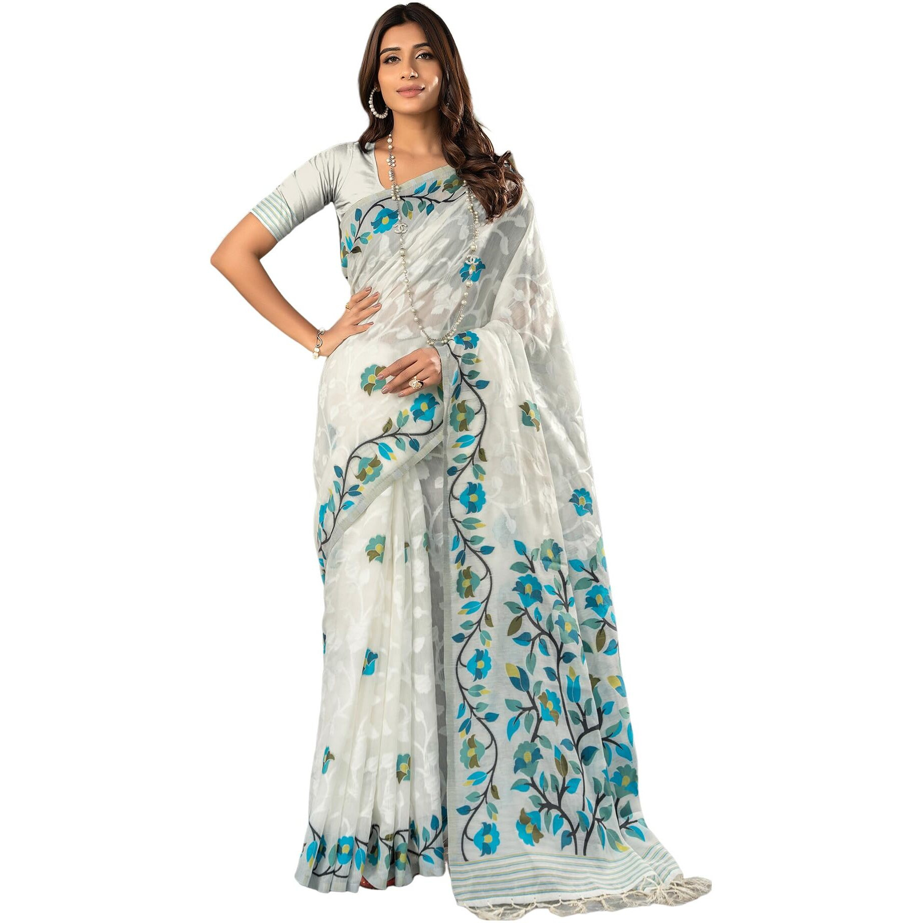 SIRIL Womens Cotton Jacquard Saree With Unstitched Blouse Piece (3417S217_White)