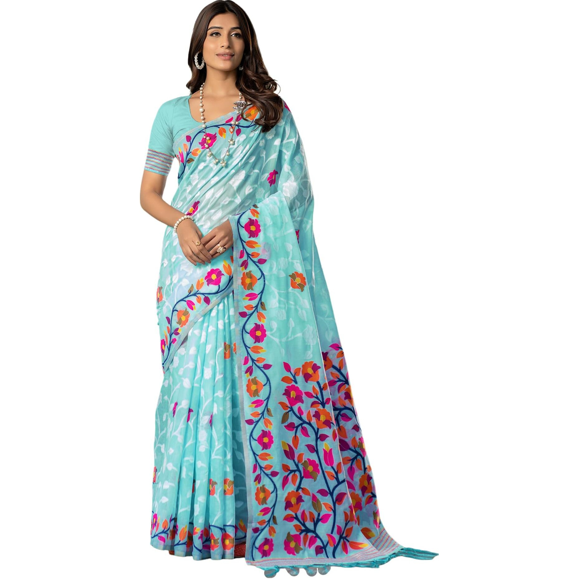 SIRIL Womens Cotton Jacquard Saree With Unstitched Blouse Piece (3417S216_Sky Blue)