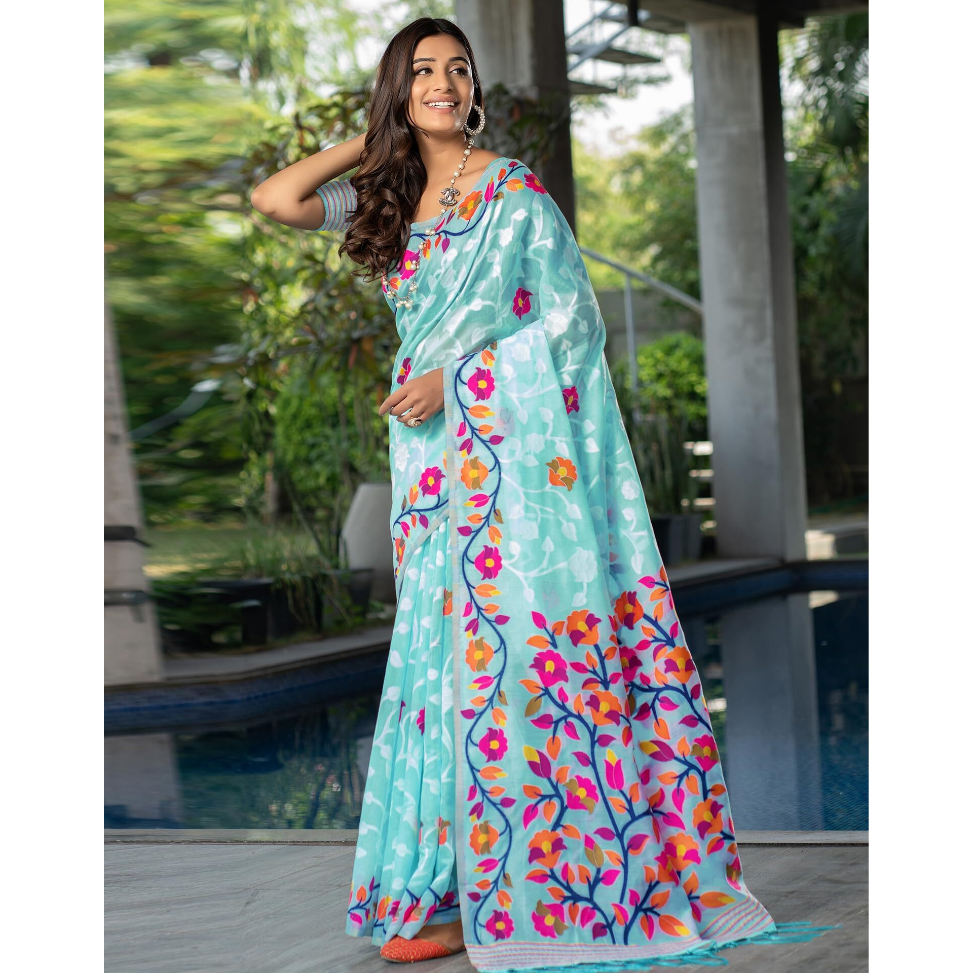 SIRIL Womens Cotton Jacquard Saree With Unstitched Blouse Piece (3417S216_Sky Blue)